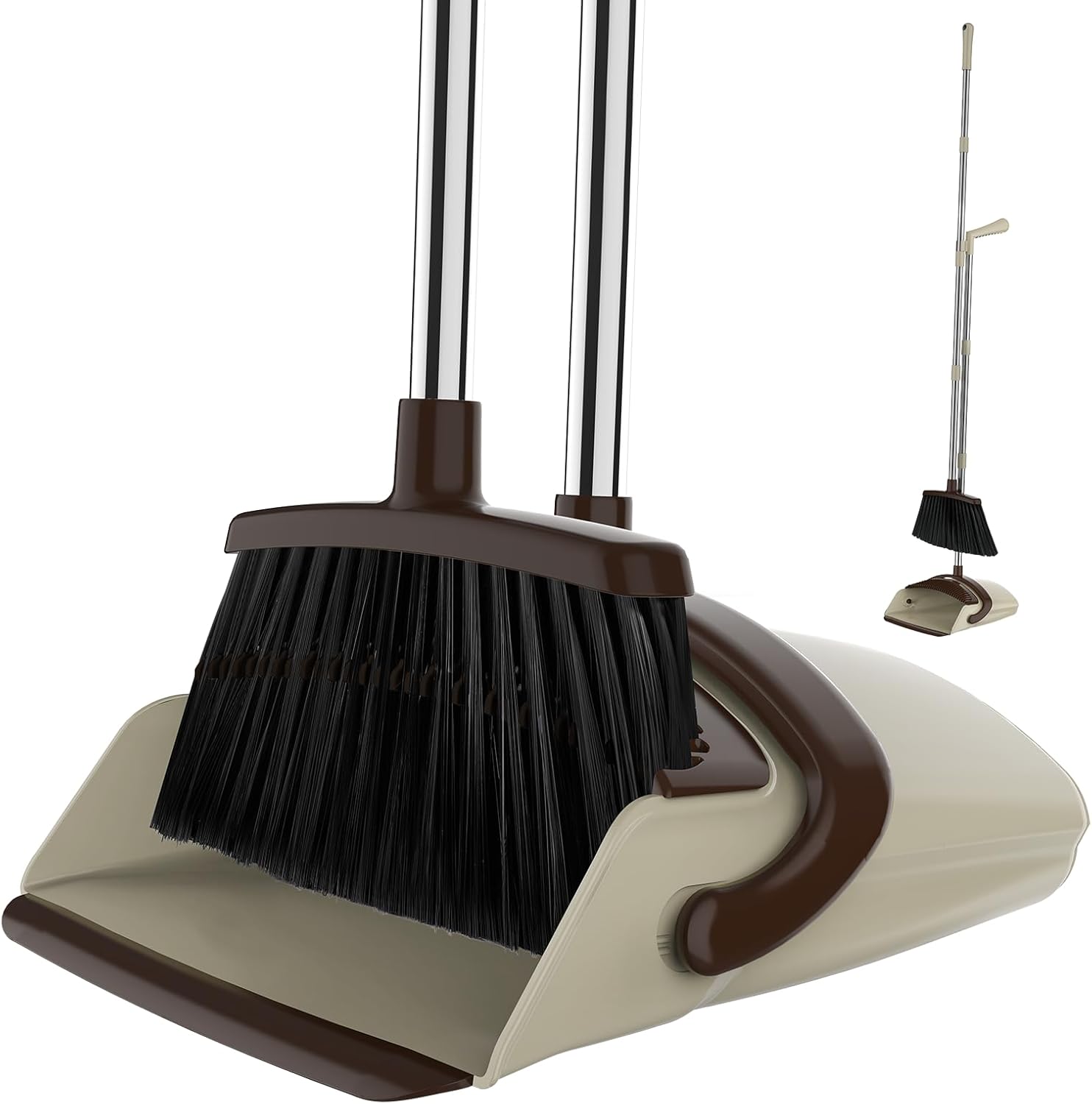Broom and Dustpan Set for Home, 51-in Long Adjustable Handle Angle Broom and Dustpan Combo Set with Dust Pan Teeth to Clean Hair for Home Kitchen Office Lobby Floor Garden (Beige&Brown)