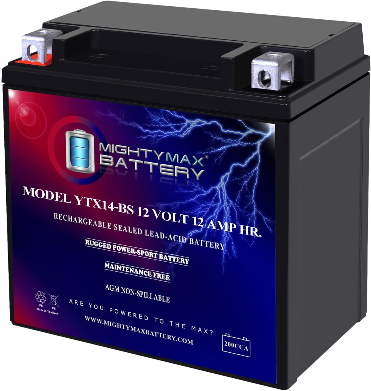 Mighty Max Battery YTX14-BS - 12 Volt 12 AH, 200 CCA, Rechargeable Maintenance Free SLA AGM Motorcycle Battery