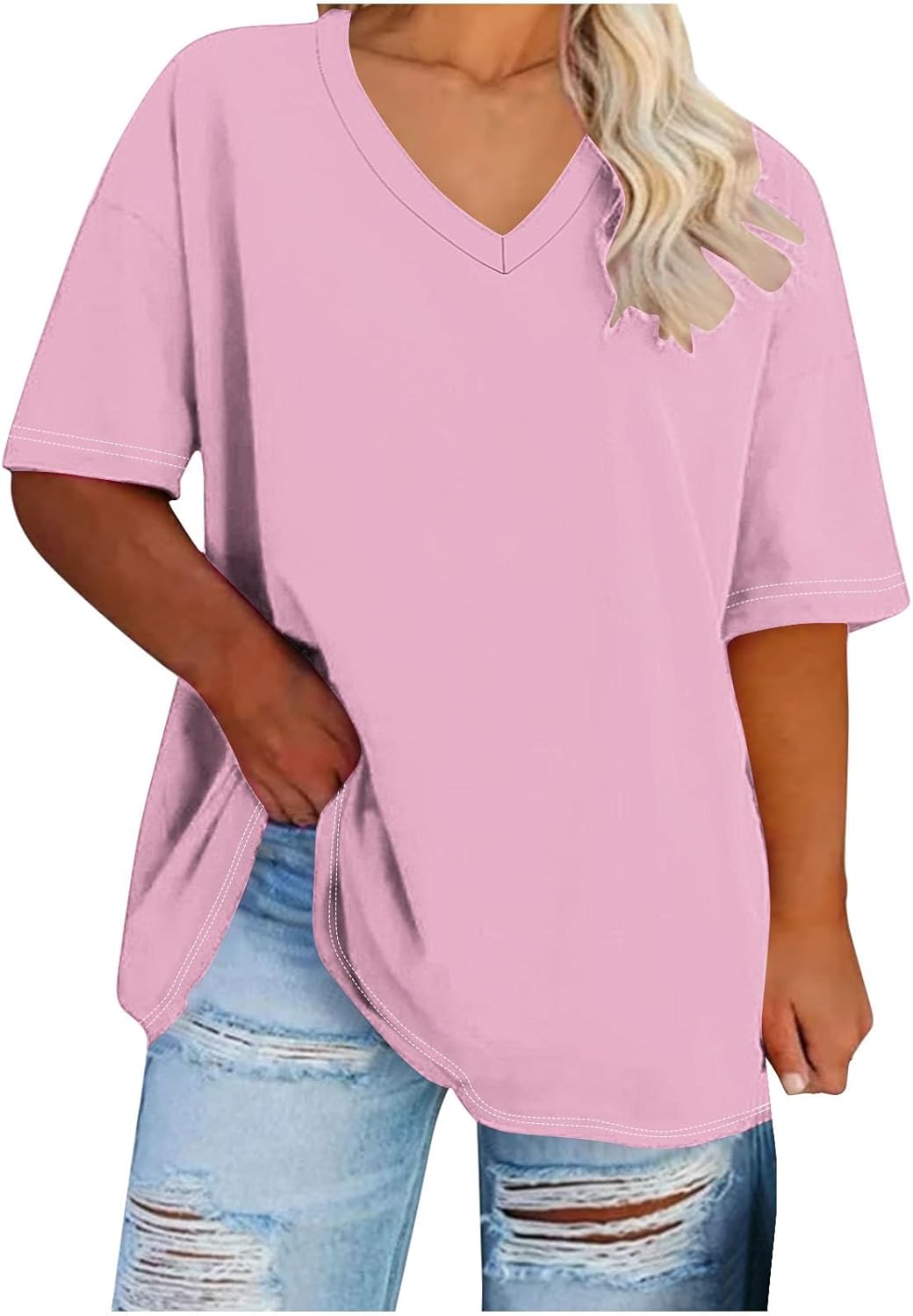Plus Size Tops for Women Short Sleeve V Neck Casual Blouse Loose Solid Color T-Shirts Summer Basic Tee Tunic Tops