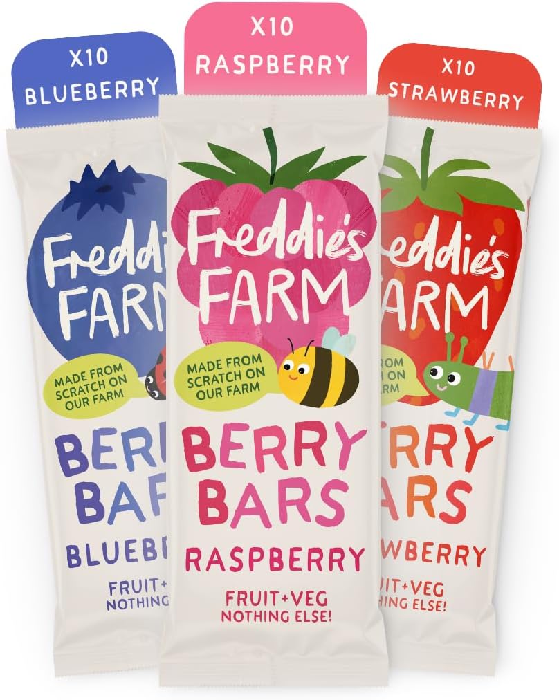 Freddie’s Farm Kids Snacks | Fruit Snacks Multipack - Raspberry, Blueberry, Apple Bars | Lunchbox Snacks For Kids | 100% Fruit & Veg | UPF Free, Recyclable Packs & Made in the UK | 30 x 20g Bars