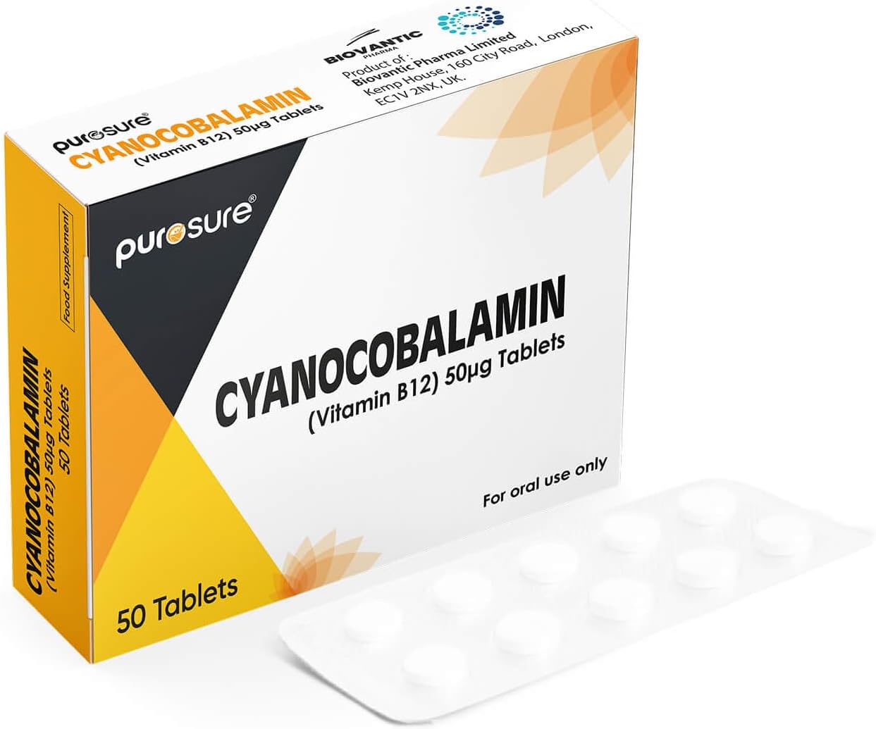 PuroSure Vitamin B12-50 Tablets (7 Weeks Supply) – Cyanocobalamin B12 50mcg Supplement - Contributes to The Reduction of Tiredness and Fatigue