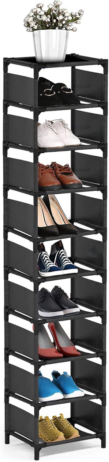 isightguard Narrow Shoe Rack, 10 Tier for Closet Entryway Tall Slim Vertical Shoe Rack for Small Spaces Shinky Shoe Organizer Space Saving Corner Shelf Shoe Tower