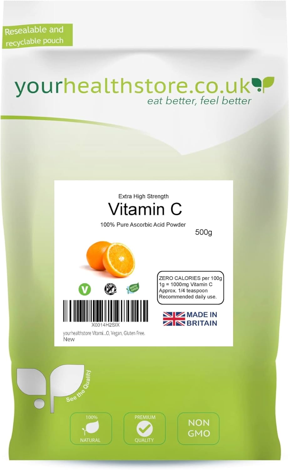yourhealthstore Vitamin C Powder 500g, Extra High Strength Ascorbic Acid – 100% Pure British Pharmaceutical Grade – Non-GMO, Vegan, Gluten Free.