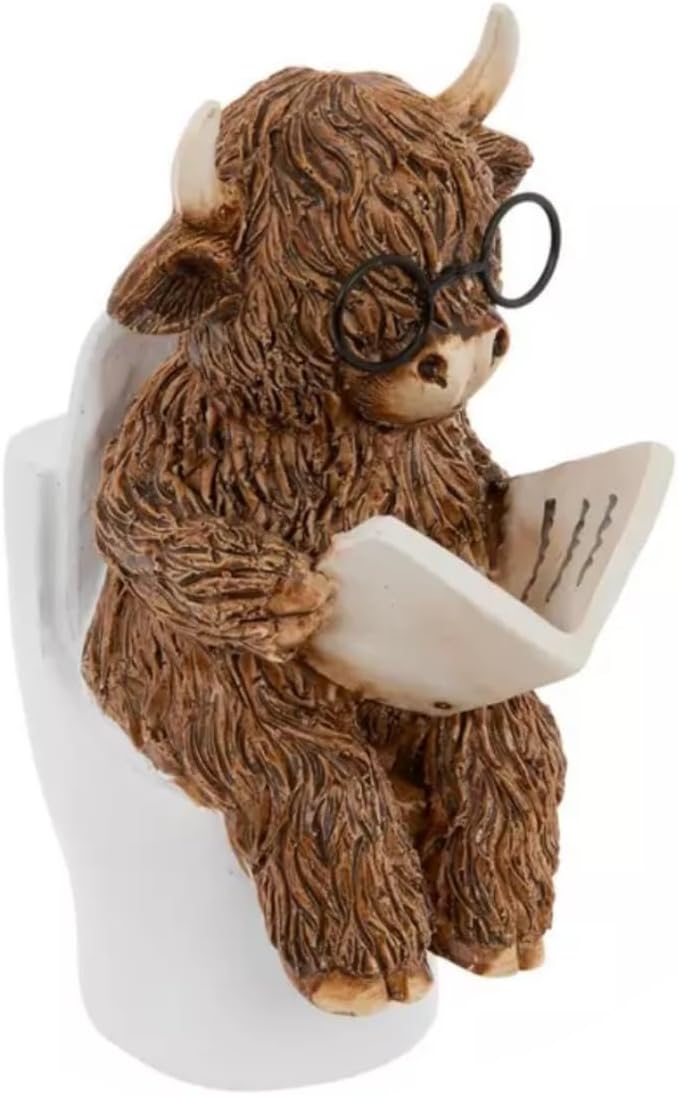 Hobby Lobby Highland Cow Bathroom Decor, Reading on Toilet Figurine, 5.12" H, Resin & Metal, Brown