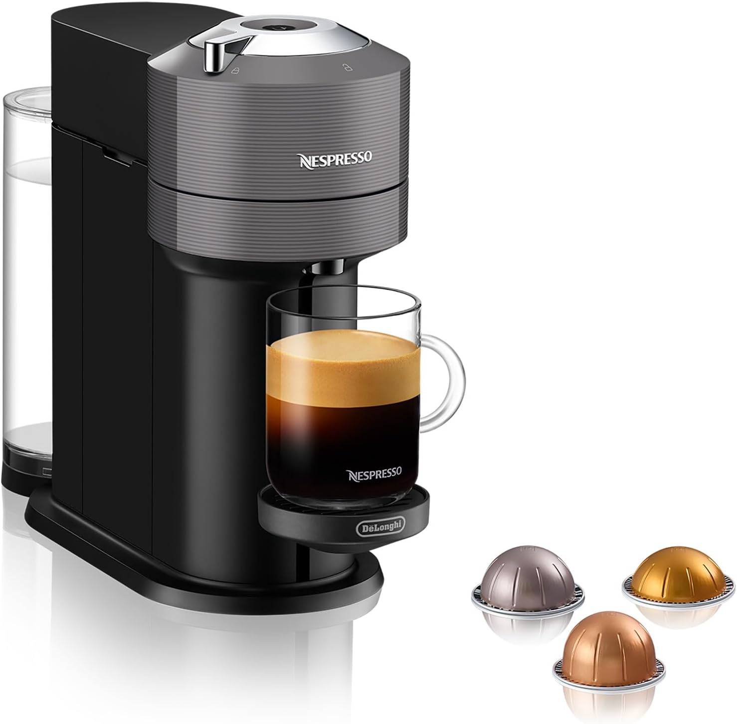 Nespresso Vertuo Next Coffee Machine by De'Longhi, Over 30 Varieties of Pods, 6 Coffee Cup Sizes, Americano, Starter Capsule Set Included, EN120.GY, Grey