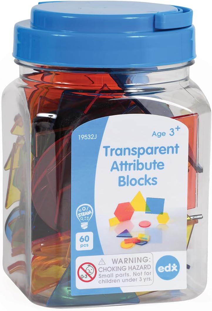 edxeducation Transparent Attribute Blocks | Mini Jar | Set of 60 | Colourful Plastic Shapes | Light Box Accessory | Sensory Play