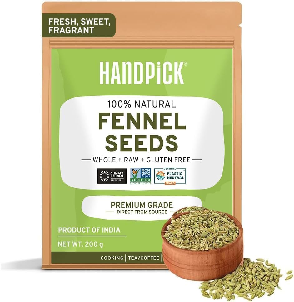 HANDPICK, Fennel Seeds (200g/7oz) Gluten free, Raw Seed from India | Resealable Zip Lock Pouch | Fennel Seeds for Cooking, Smoothies & Lattes
