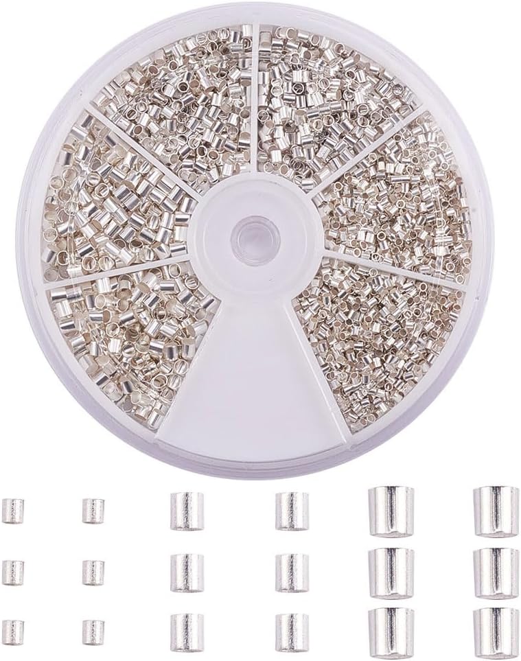 PH PandaHall Crimp Tube Beads, 3000 Pcs 1.5mm 2mm 2.5mm Brass Tube Crimp End Spacer Beads Cord End Caps Loose Stopper Beads for Earring Necklace Pendant DIY Jewelry Gift Making, Silver