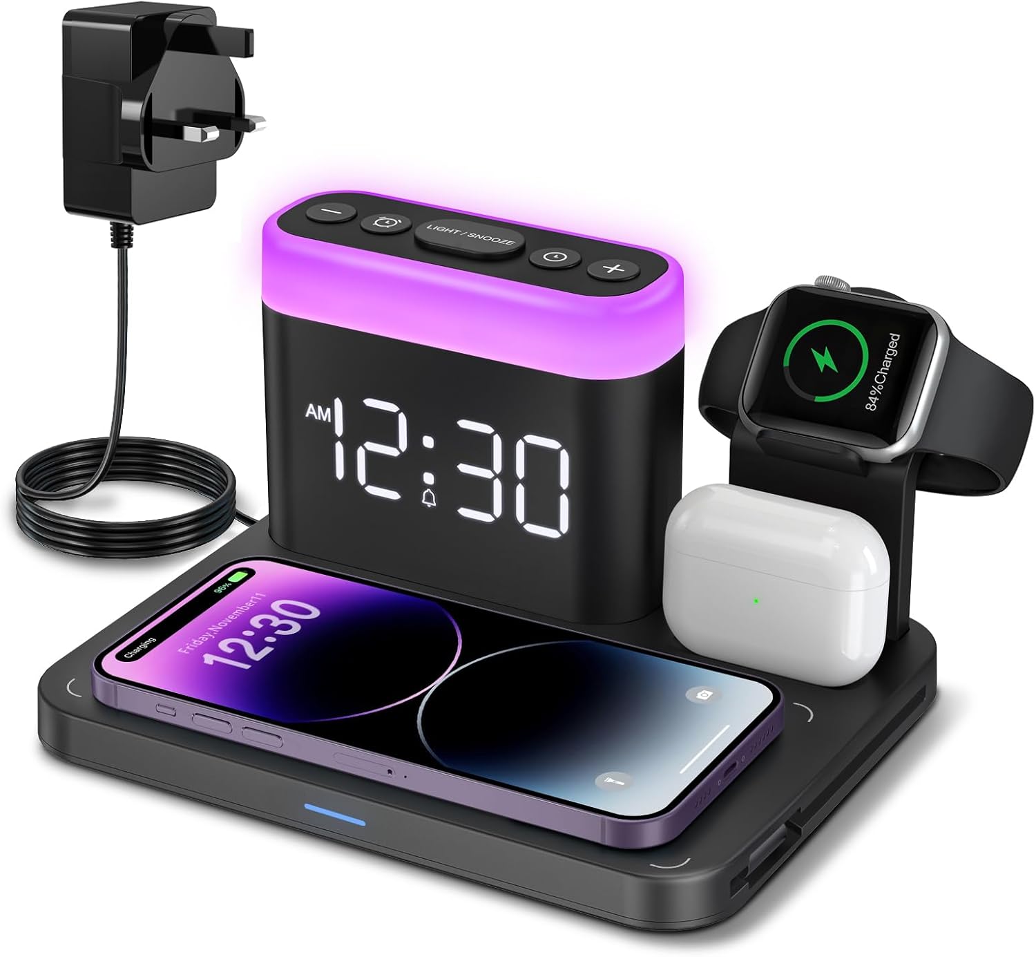 ANJANK Wireless Charging Station with Digital Alarm Clock,5-in-1 Mag-safe Wireless Charger Stand,7 Night Lights,Charging Dock for iPhone 16/15/14/13/12/11/Pro/Max/Plus,Apple Watch,AirPods,Bedside&Desk