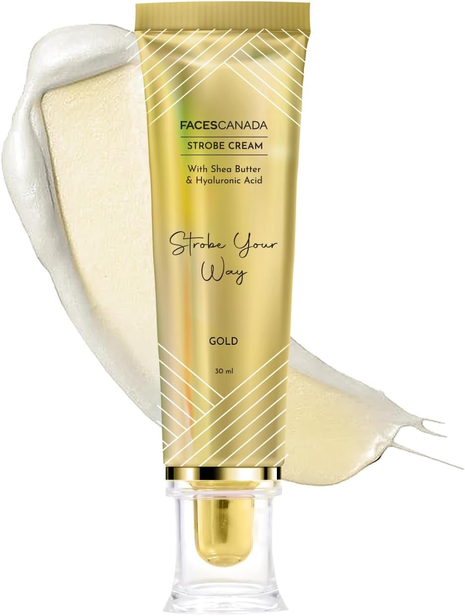FACES CANADA Strobe Cream - Gold, 30g Primer + Highlighter + Moisturizer Shea Butter & Hyaluronic Acid Intense Hydration Flawless Radiant Dewy Skin Illuminating & Glowing Makeup Base