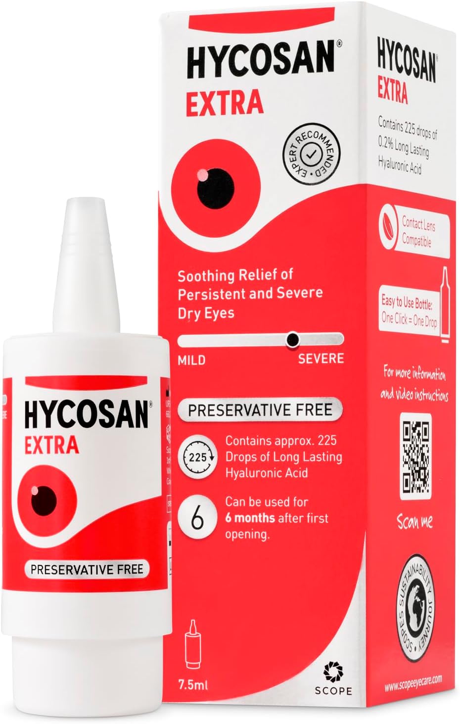 Hycosan Extra - Eye Drops with Hyaluronic Acid for Soothing Relief of Severe and Persistent Dry Eyes - Contact Lens Compatible - Preservative Free (7.5 ml (Pack of 1))