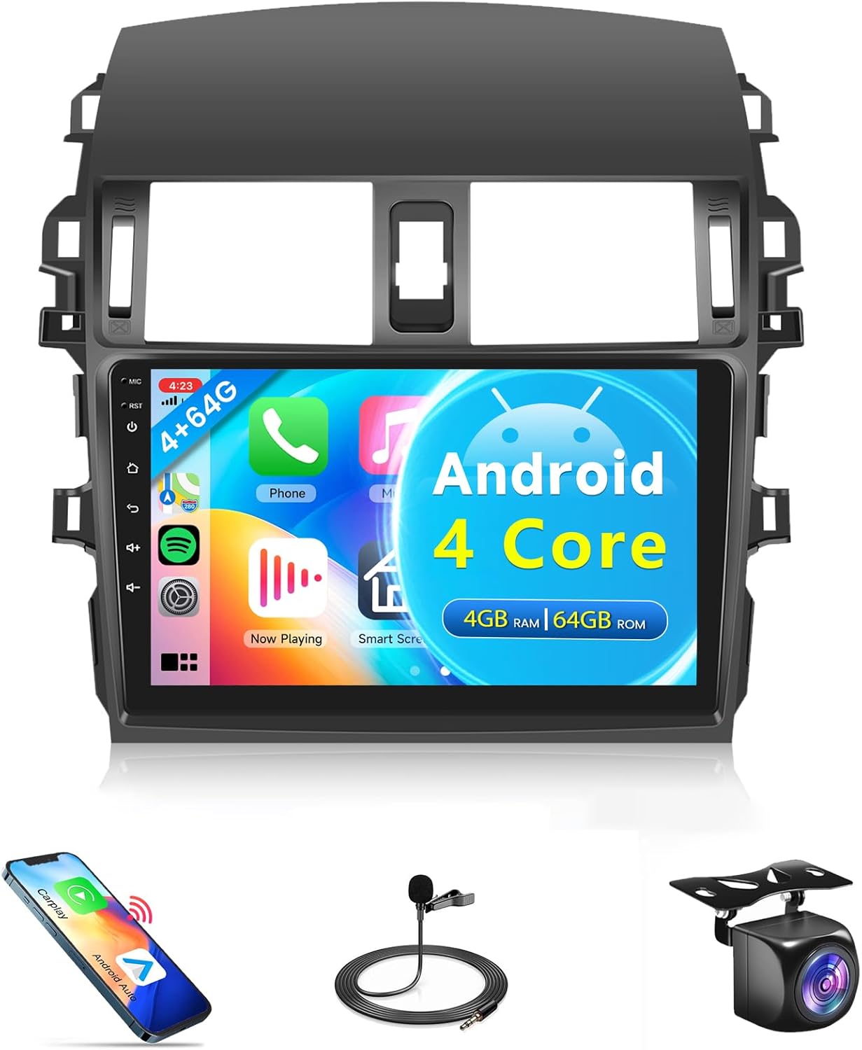 4Core 4G+64G Car Radio for Toyota Corolla 2009-2013 Android Car Stereo Wireless Carplay, Rimoody 9'' HD Touchscreen Mirror Link GPS Navigation WiFi Bluetooth FM/RDS EQ-32 SWC Backup Camera