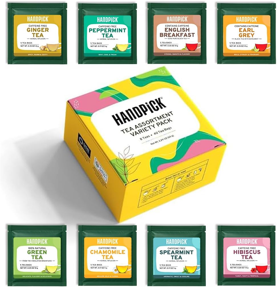 HANDPICK, Tea Bags Sampler Assortment Variety pack Gift Box 8 Flavors, 40 Tea Bags - Perfect Variety | English Breakfast, Green, Black, Herbal & More | Gifts for Him/Her