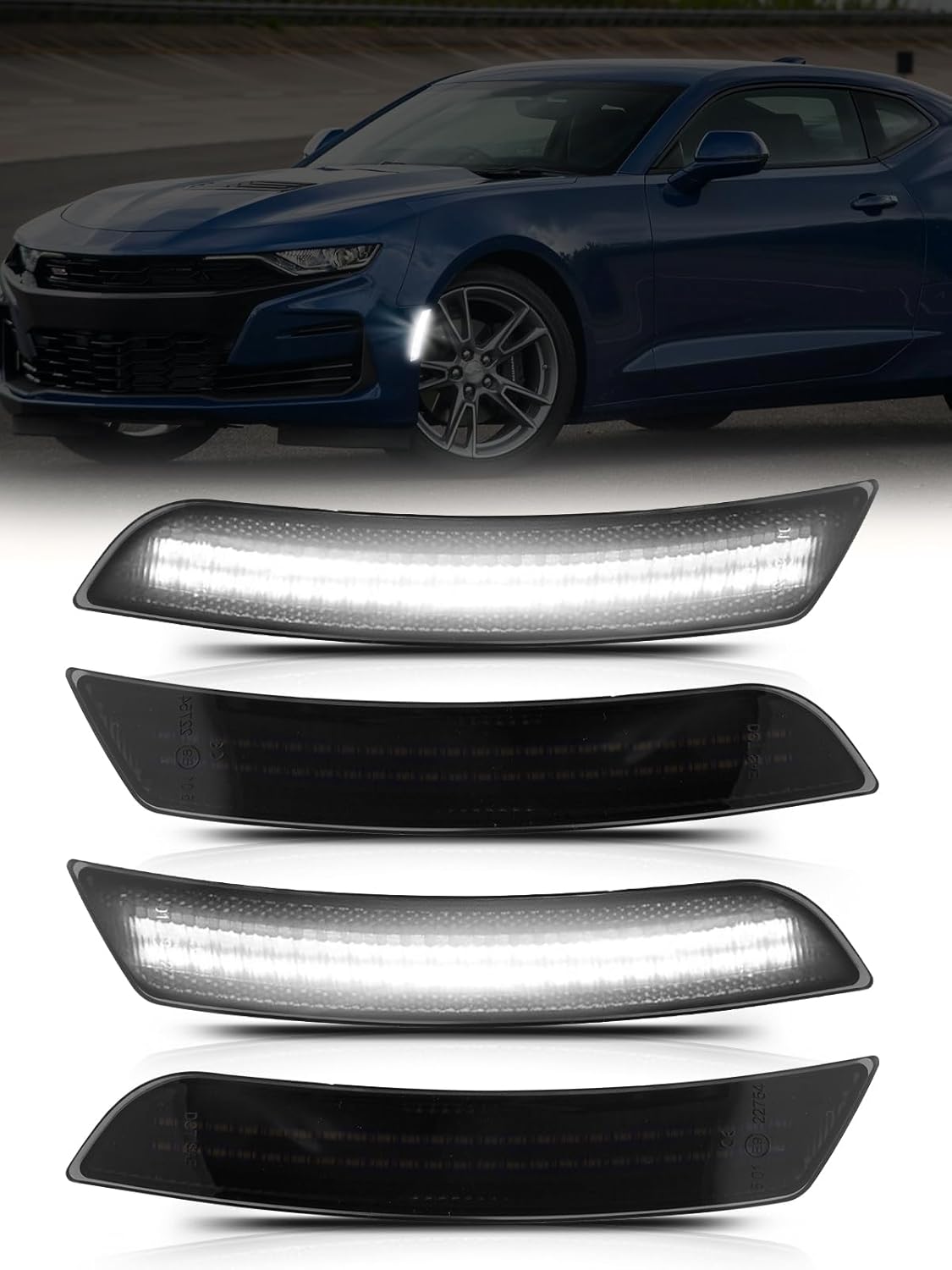 Upgraded LED Side Marker Light Front & Rear Compatible with Chevy Camaro 2016-2023 Fender Sidemarkers, Turn Signal Lamp, Smoked Lens White LED 4PCS