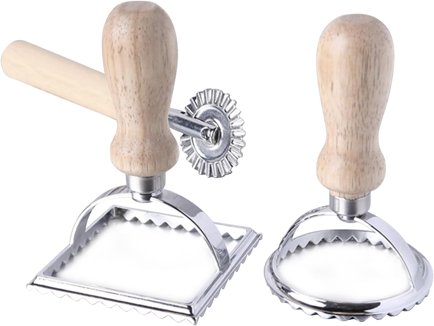 Ravioli Stamp Maker Cutter, Ravioli Cutters Mold with Wooden Handle and Fluted Edge Pasta Press Kitchen Attachment with Pastry Cutter Wheel for Making Ravioli, Empanadillas or Cookies- 3 Set