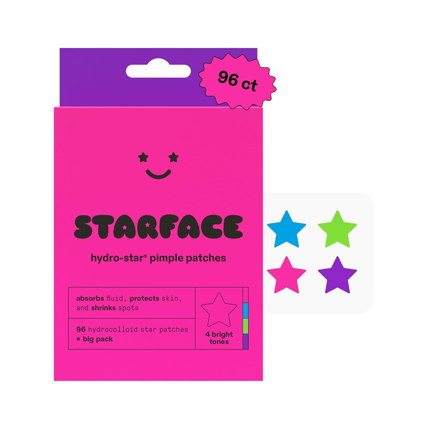 Starface Party Pack BIG PACK Hydro-Stars, Colorful Hydrocolloid Pimple Patches, Absorb Fluid and Reduce Redness, Cute Star Shape (96 Count) (Pack of 2)