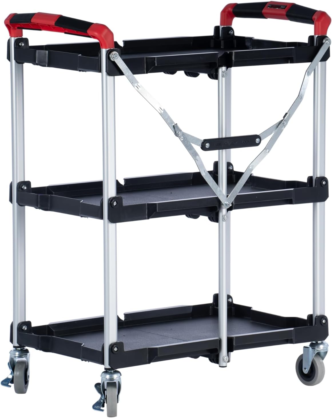 The Workplace Depot 3-Tier Folding Service Cart, 75kg Heavy-Duty, Collapsible Design, Large Locking Wheels for Catering, Kitchen & Office Use