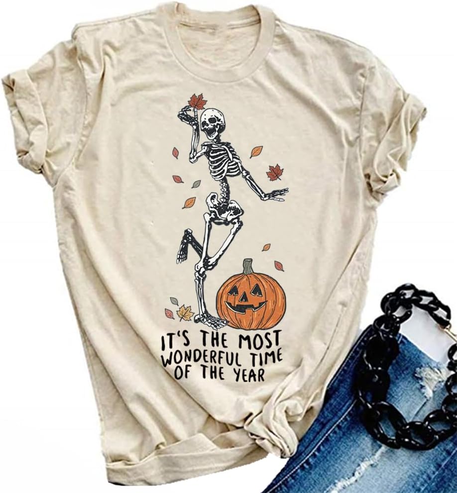 Halloween Pumpkin Shirts Women Fall T-Shirts Cute Autumn Graphic Tees Thanksgiving Tops