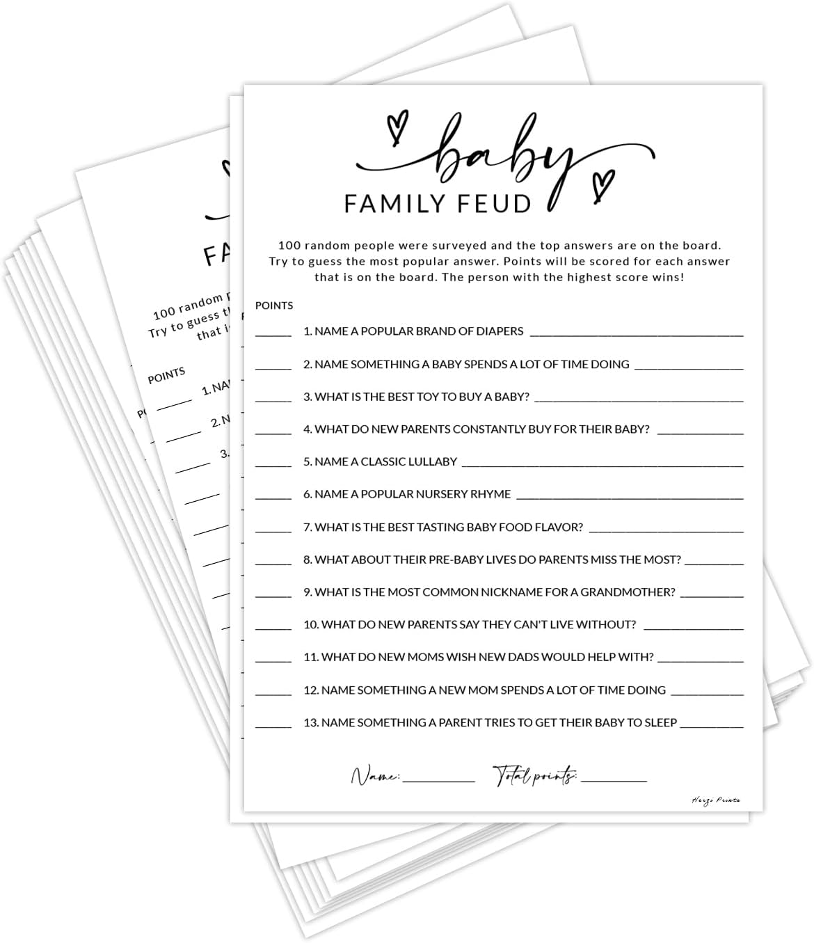 HerZii Prints Baby Shower Family Feud Game Cards, 50 Pack Baby Shower Game Cards with Answer Sheet, Minimalist Design (Baby Family Feud)
