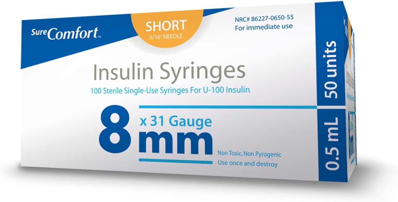 U-100 Insulin Syringes 31G x 5/16" 1/2cc (8 mm), For Diabetes Care, Box of 100