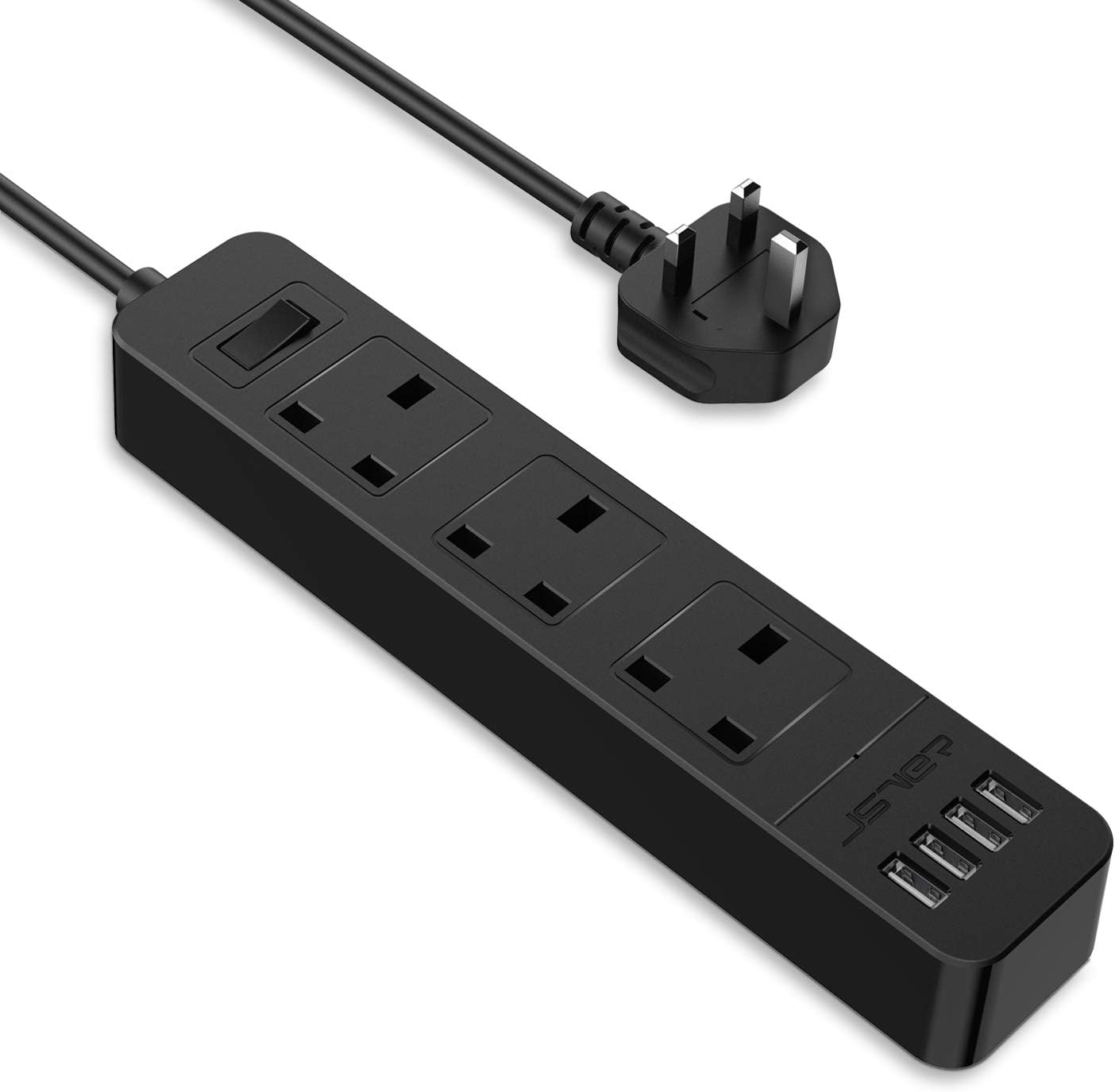 JSVER Extension Lead with 4 USB Ports Desktop Power Strip Smart Charging Station 3 Outlets USB Power Socket for Home Travel, Black