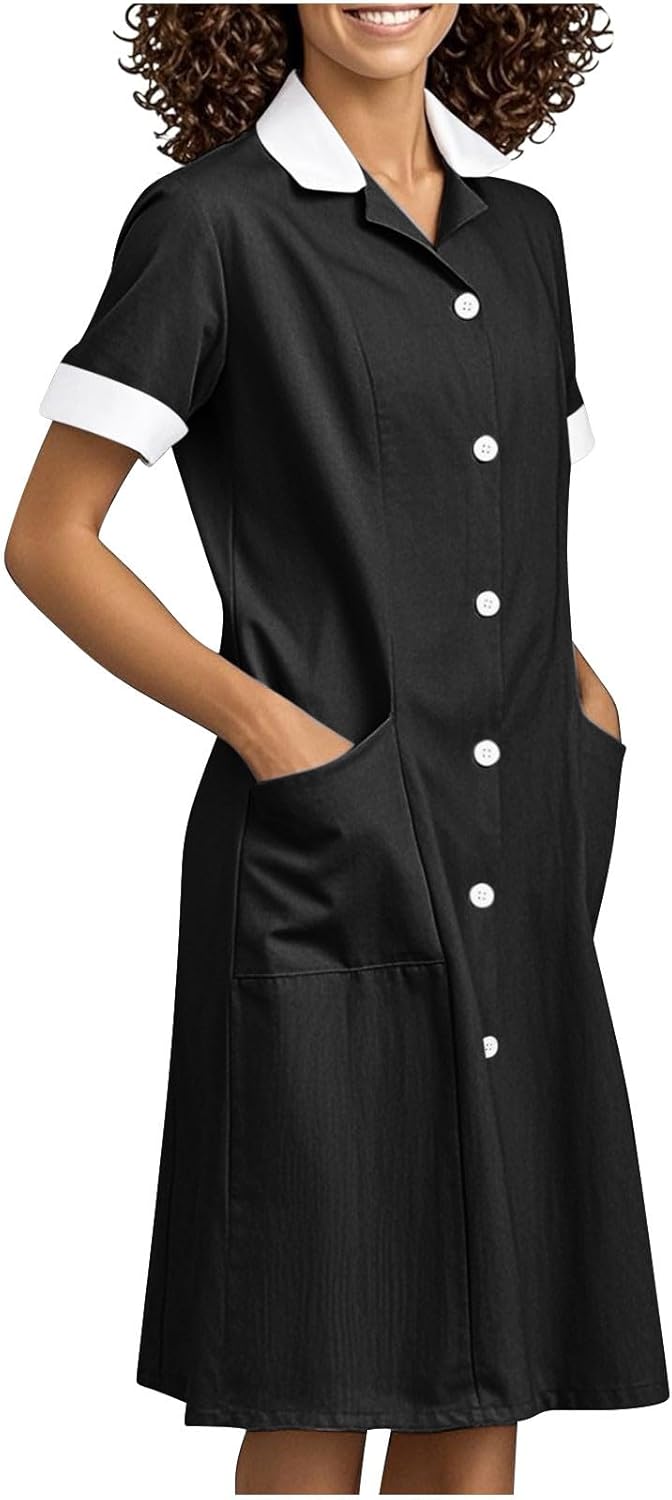 2025 Housekeeping Maid Uniform Dress Womens Button Down Scrub Dresses Workwear Pocket Short Sleeve Loose Dresses