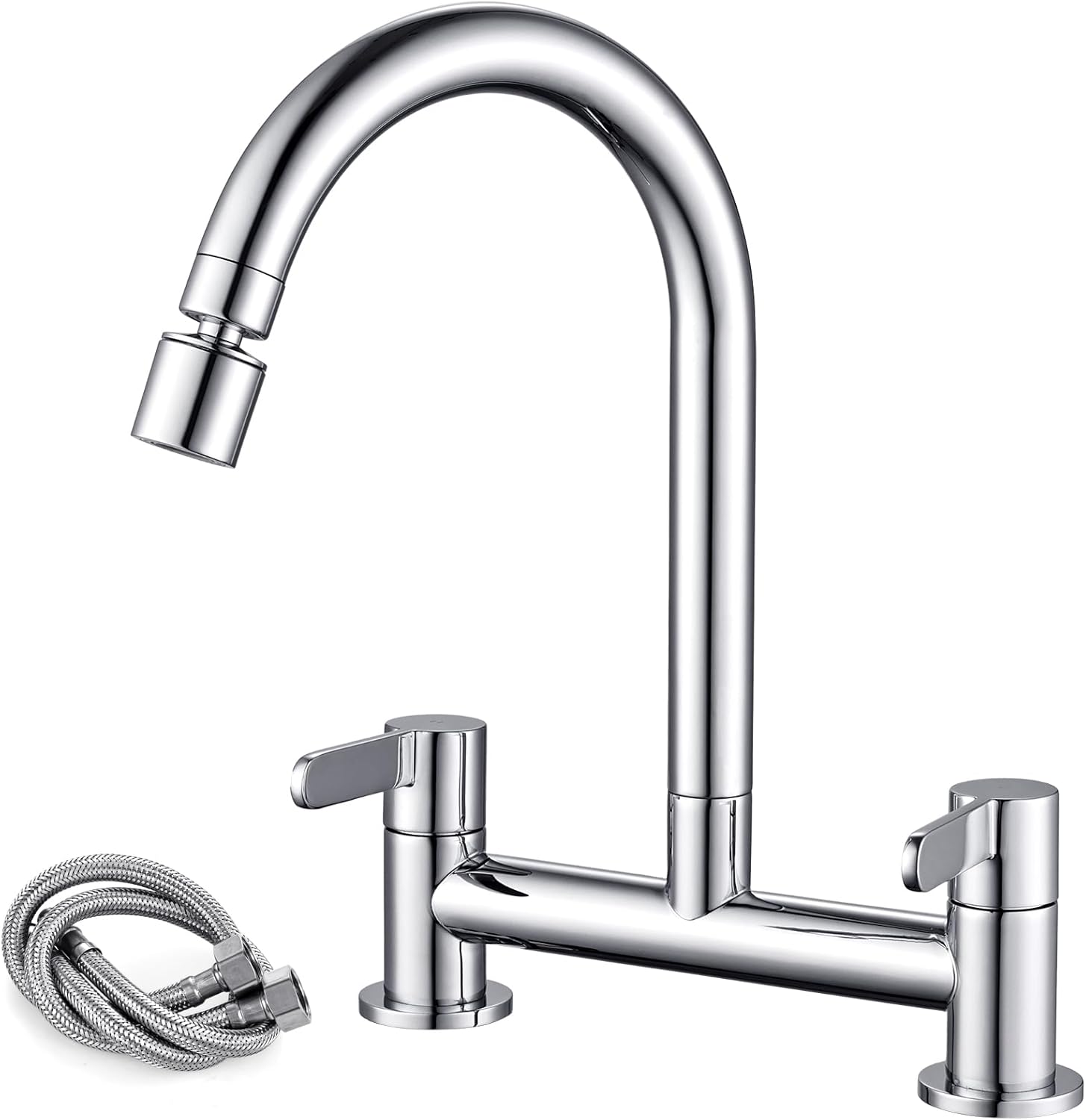 Peppermint Kitchen Mixer Taps 2 Hole with 2 Function Aerator Kitchen Sink Mixer Taps Dual Lever Chrome Bridge Sink Mixer Tap for Kitchens 360° Swivel 180MM Center Deck Mounted 1/4 Turn Faucet
