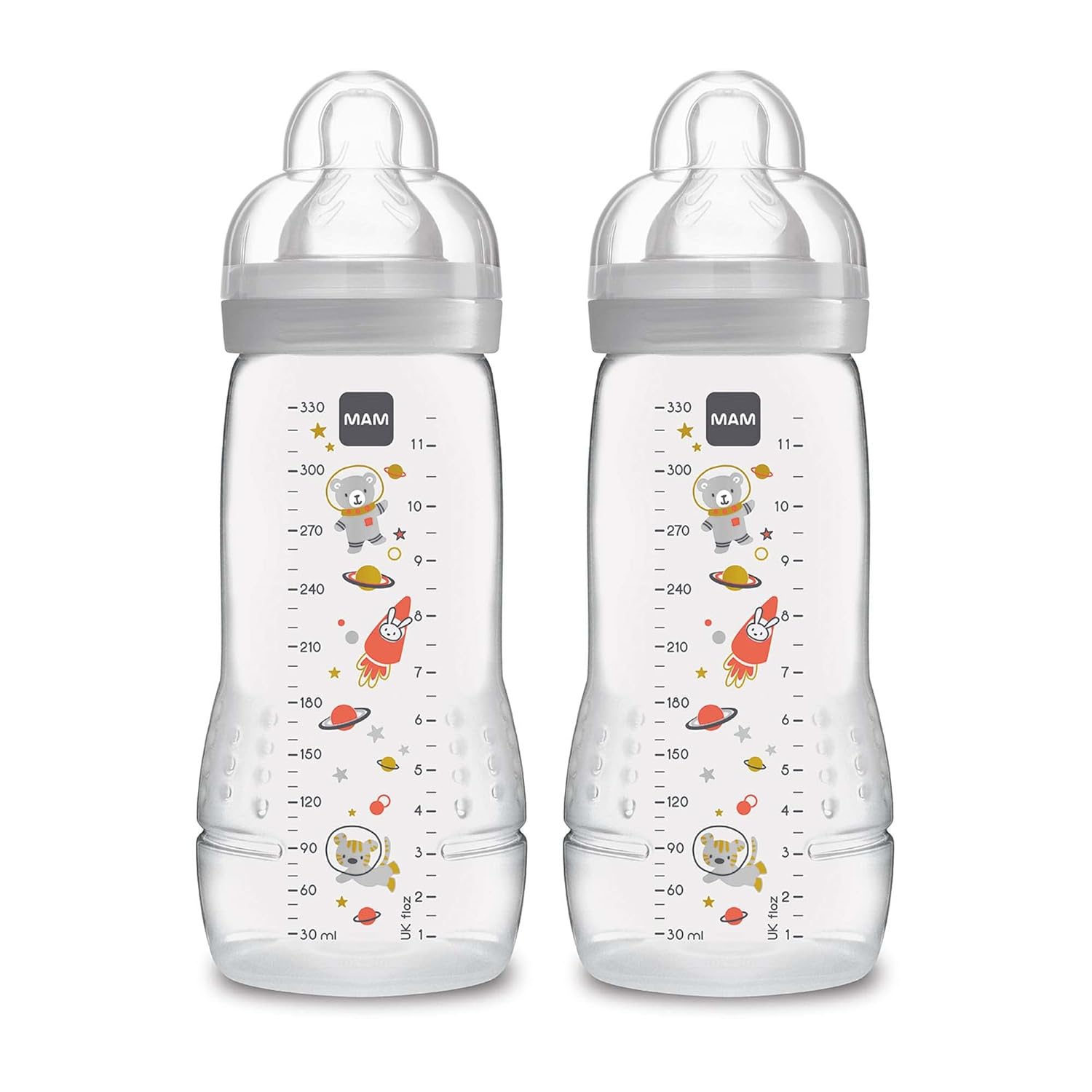 MAM Easy Active Baby Bottles 11oz, Fast Flow Skinsoft Silicone Nipple with Wide Neck Ergonomic Design, Easy to Hold, BPA-Free, Bottles with Leak-Proof Caps for 4+ Months Baby