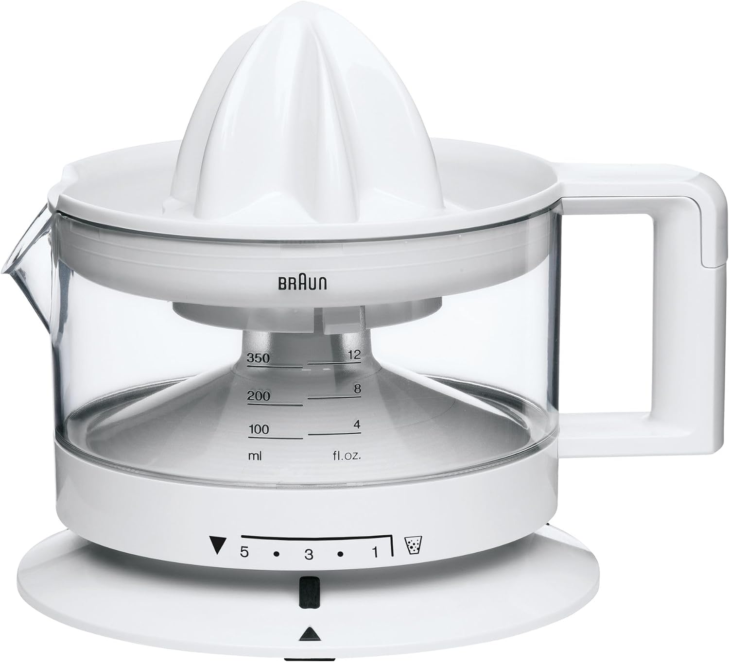 Braun House Hold CJ3000 Electric Citrus Press, 350 ml Bowl with Scale, Adjustable Pulp Control, Automatic Start/Stop, Cable Storage - White