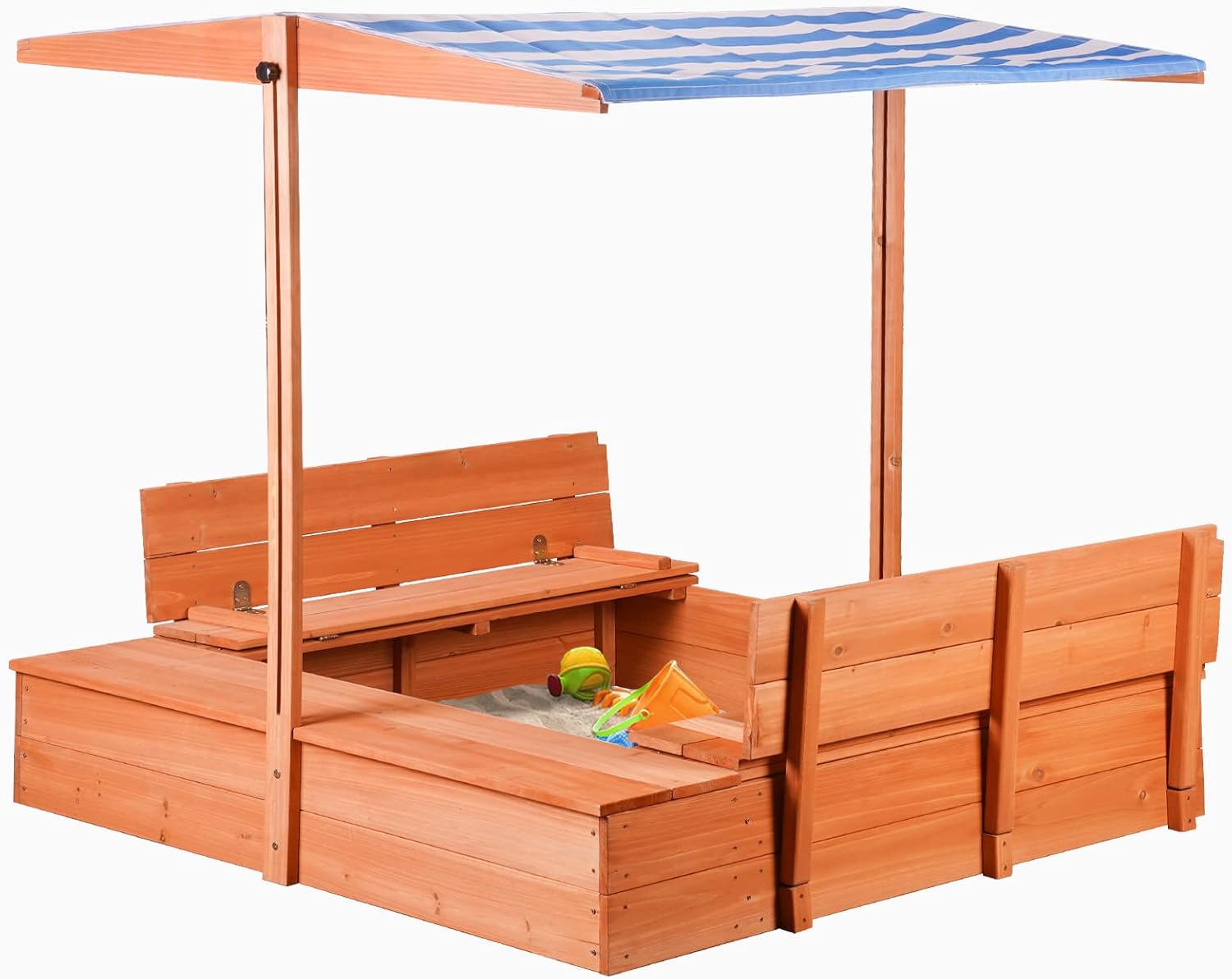 Agitree Wooden Sandbox with Lid and Canopy for Kids Ages 3-8, 47" Outdoor Sand Box with Foldable Storage Bench Seats, Bottom Liner Included