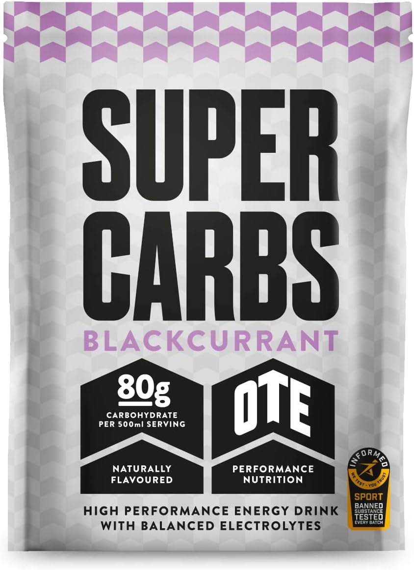 OTE Super Carbs - Energy Supplement Drink with 80g of Carbohydrates and a Balance of Electrolytes - Vegan-Friendly - 6 Sachets (Blackcurrant)