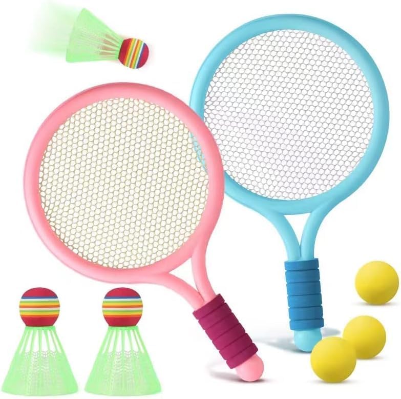 Kid Tennis Racket Sets,Kid Tennis Racquet Set Funny Tennis Racket, with 3 Badminton and 3 Tennis Balls (Over 3 Years Old),for Indoor Outdoor Backyards Lawn Beach Sports Game (Blue&Pink)