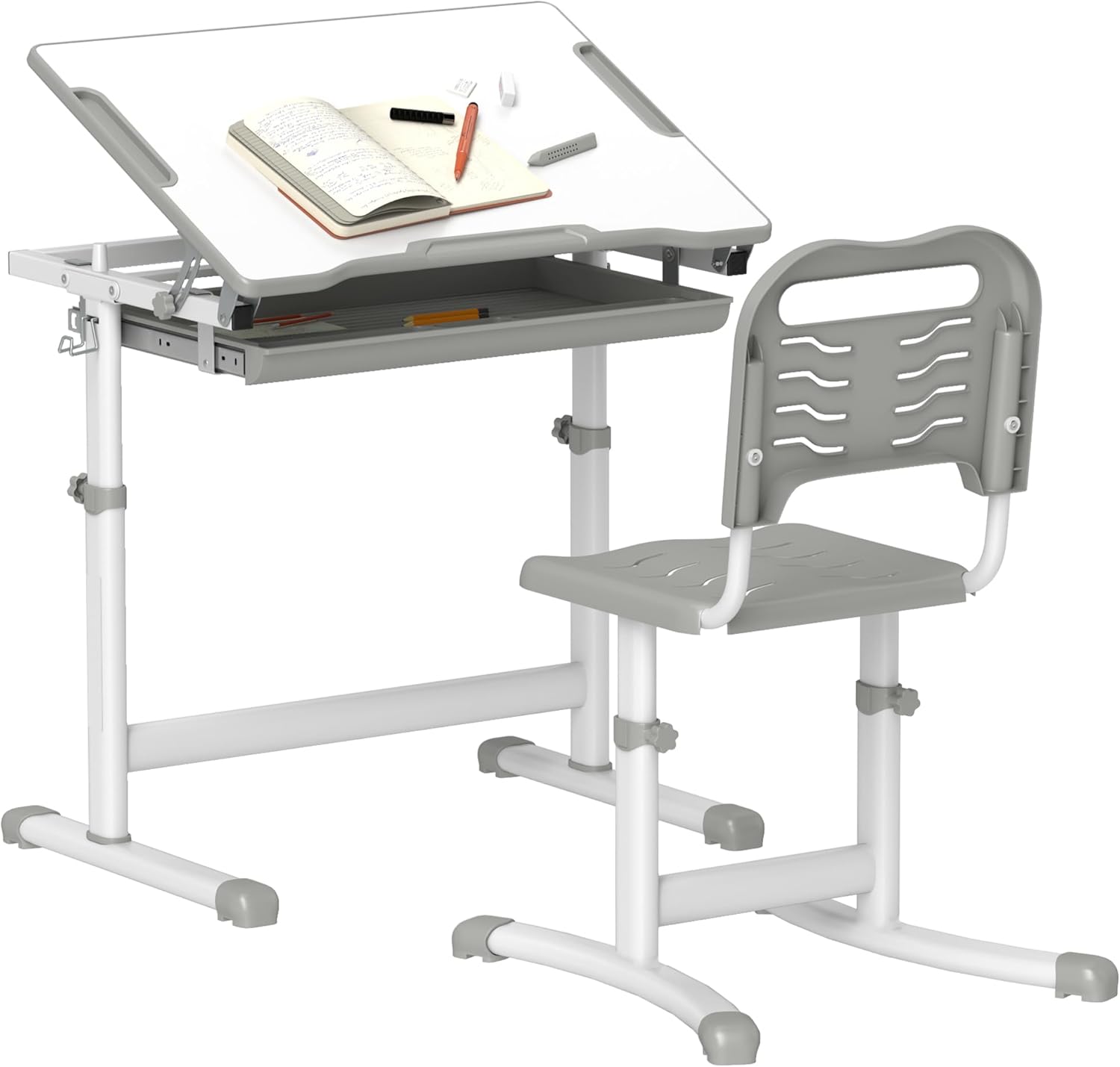Qaba Kids Desk and Chairs Set, Height Adjustable Children School Study Desk with Tilt Desktop, Storage Drawer, Pen Slot, Hook, Ergonomic Table and Chair Set for Kids, Gray