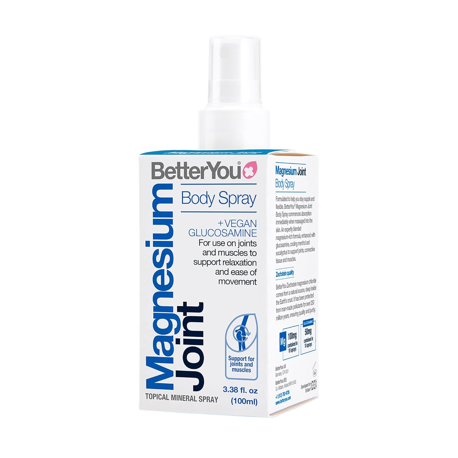BetterYou Magnesium Joint Body Spray - Muscle Relief Spray - Topical Magnesium Chloride and Glucosamine - Cooling Menthol and Eucalyptus - 3.38 oz