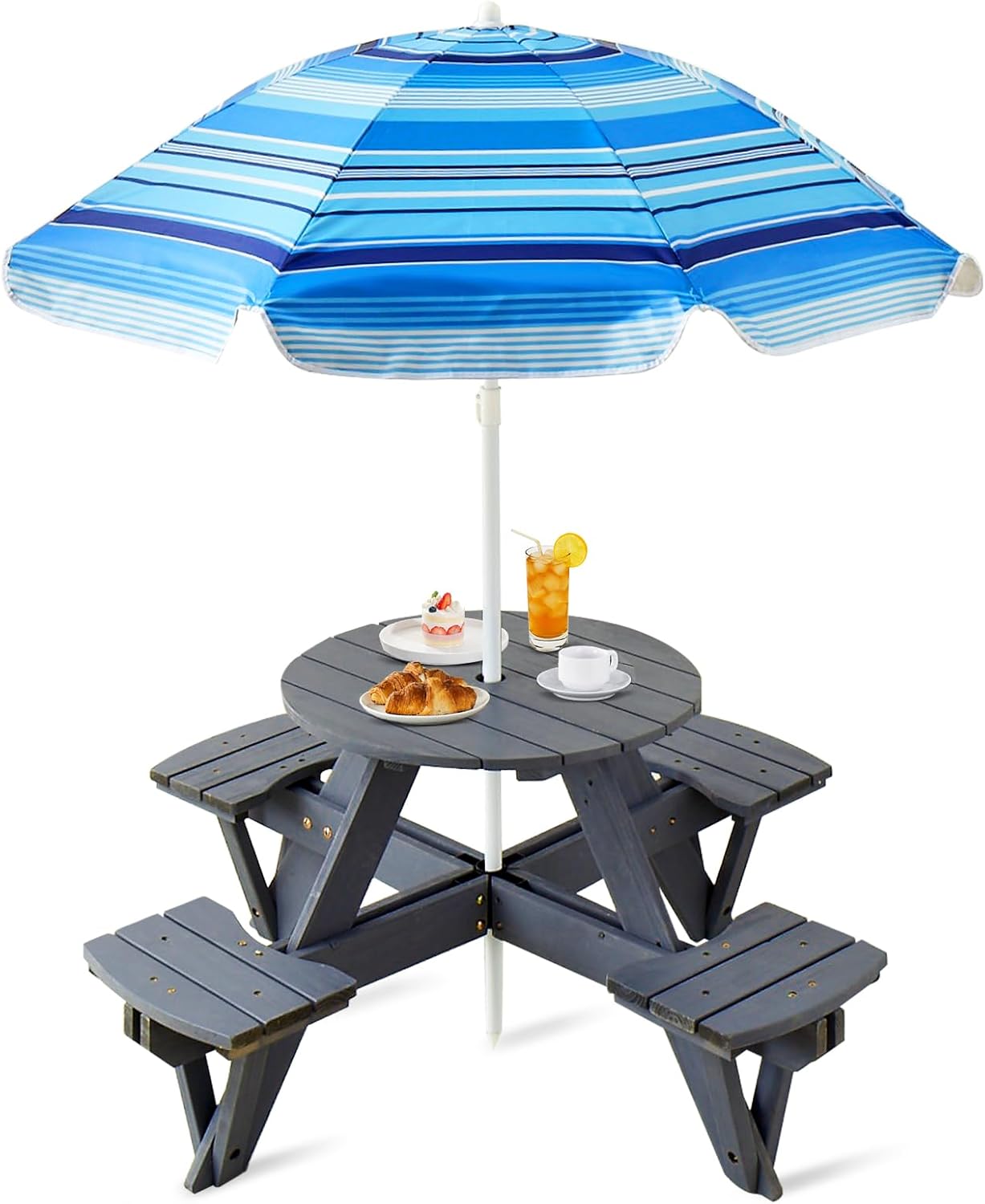 Beright Kids Picnic Table, Kids Outdoor Round Table with Height Adjustable Umbrella & Wood Bench, Perfect for Outdoor Garden Yard Dining