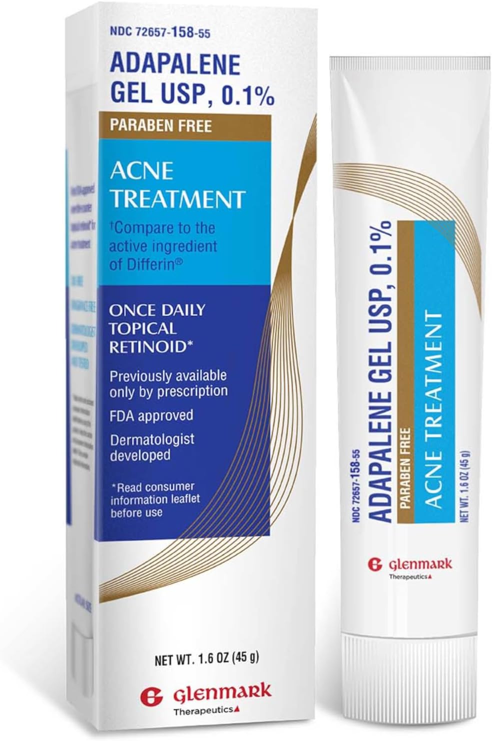 Glenmark Therapeutics Adapalene Gel 0.1% Acne Treatment, Paraben Free Topical Retinoid Cream for Face, Helps Clear and Prevent Acne and Clogged Pores, 45g Tube