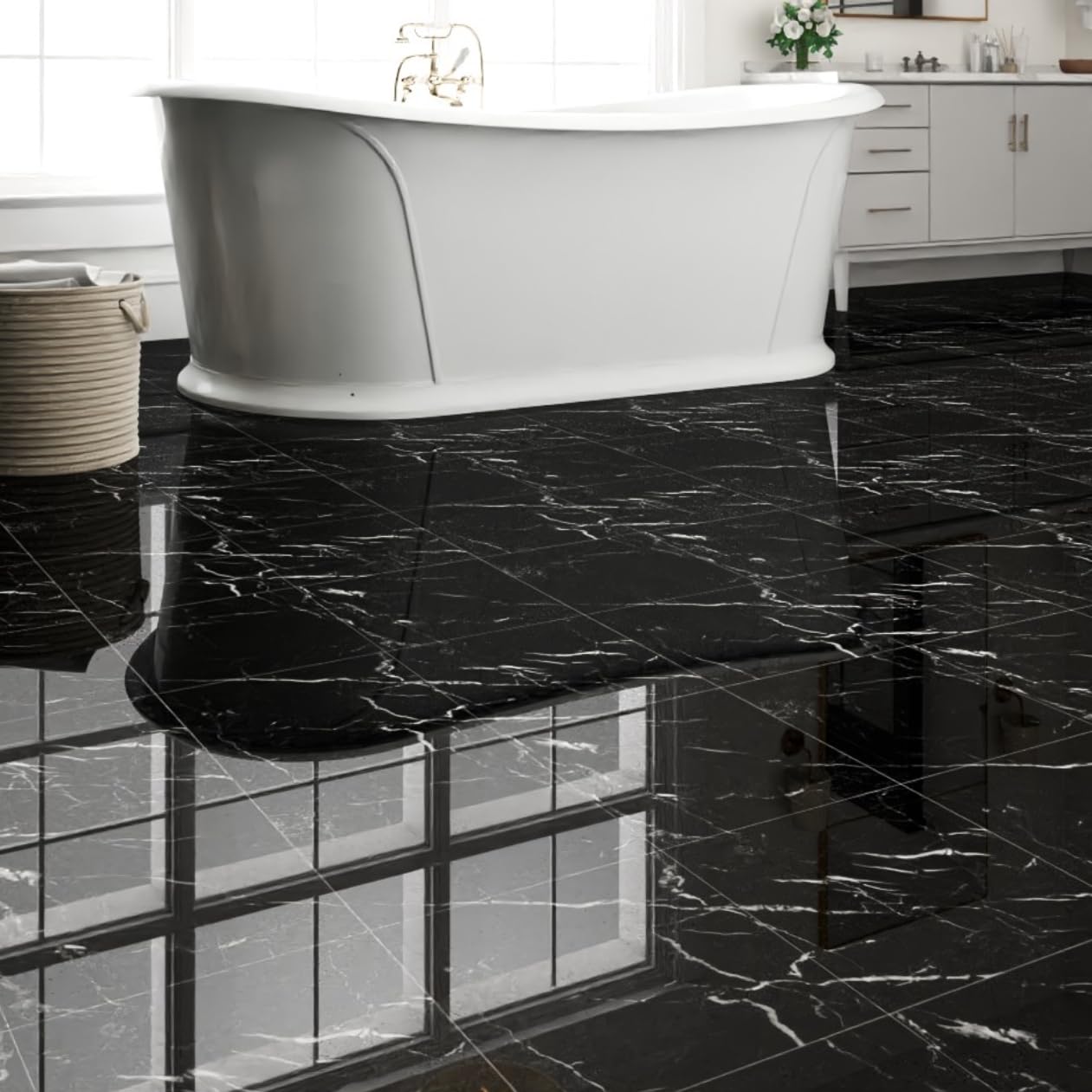 40-Pack Peel and Stick Floor Tiles Vinyl Floor 12 x 12 inch Self Adhesive Waterproof Flooring Planks DIY for Bathroom, Kitchen, Living Room, RV, Cover 40 Sq. Ft, Polish Black Marble
