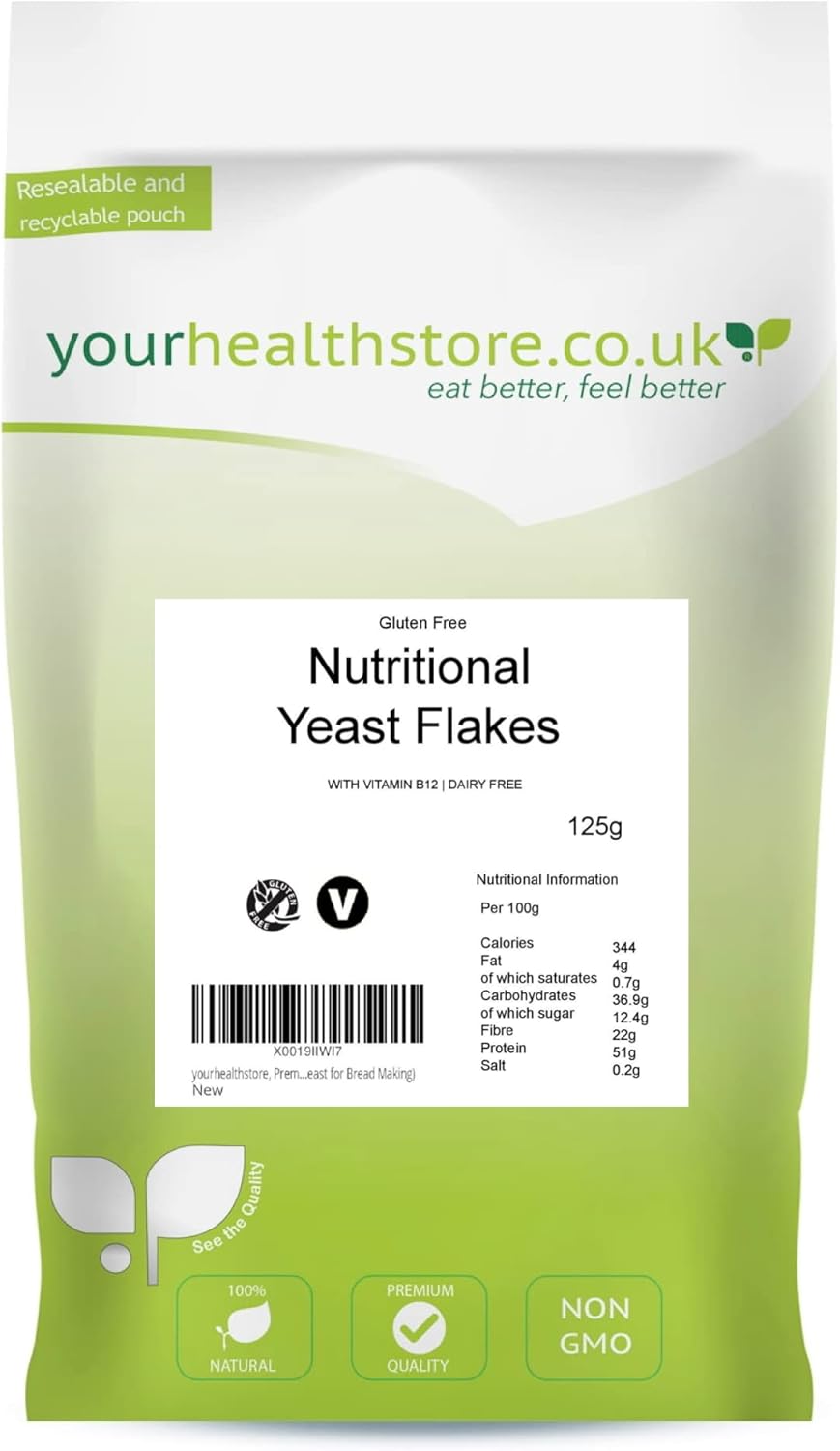 yourhealthstore® Premium Nutritional Yeast Flakes 125g | with Vitamin B12 | Non GMO | Gluten Free | Dairy Free | Vegan Cheese Powder Alternative | (This is not Yeast for Bread Making)