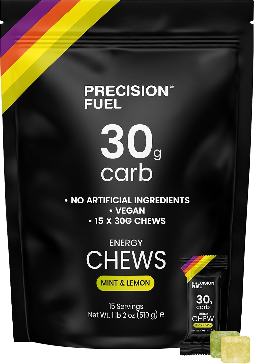 Precision Fuel 30 Energy Chews - Carb, Lightweight Snack for Endurance Sports, 30g Carbs per Serving, Ideal for Running & Cycling, No Artificial Ingredients - Mint & Lemon Flavour 15 x 34g Chews