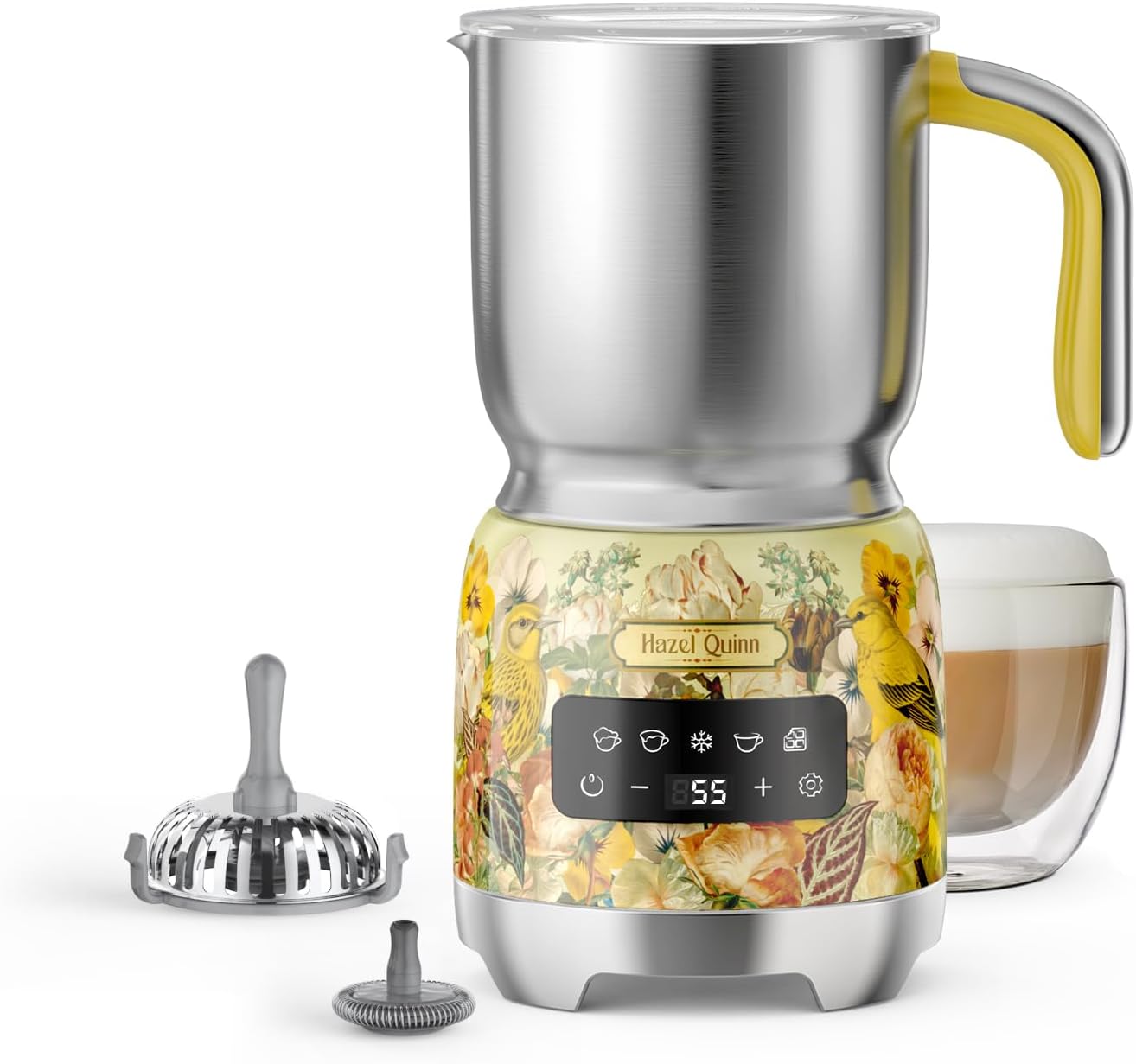 Hazel Quinn Milk Frother - Milk Steamer with Adjustable Temperature & Foam Thickness, Dishwasher Safe, Detachable Base, for Latte/Cappuccino/Hot Chocolate, Cold Foam, 400ML (13.5OZ) - Floral Printed