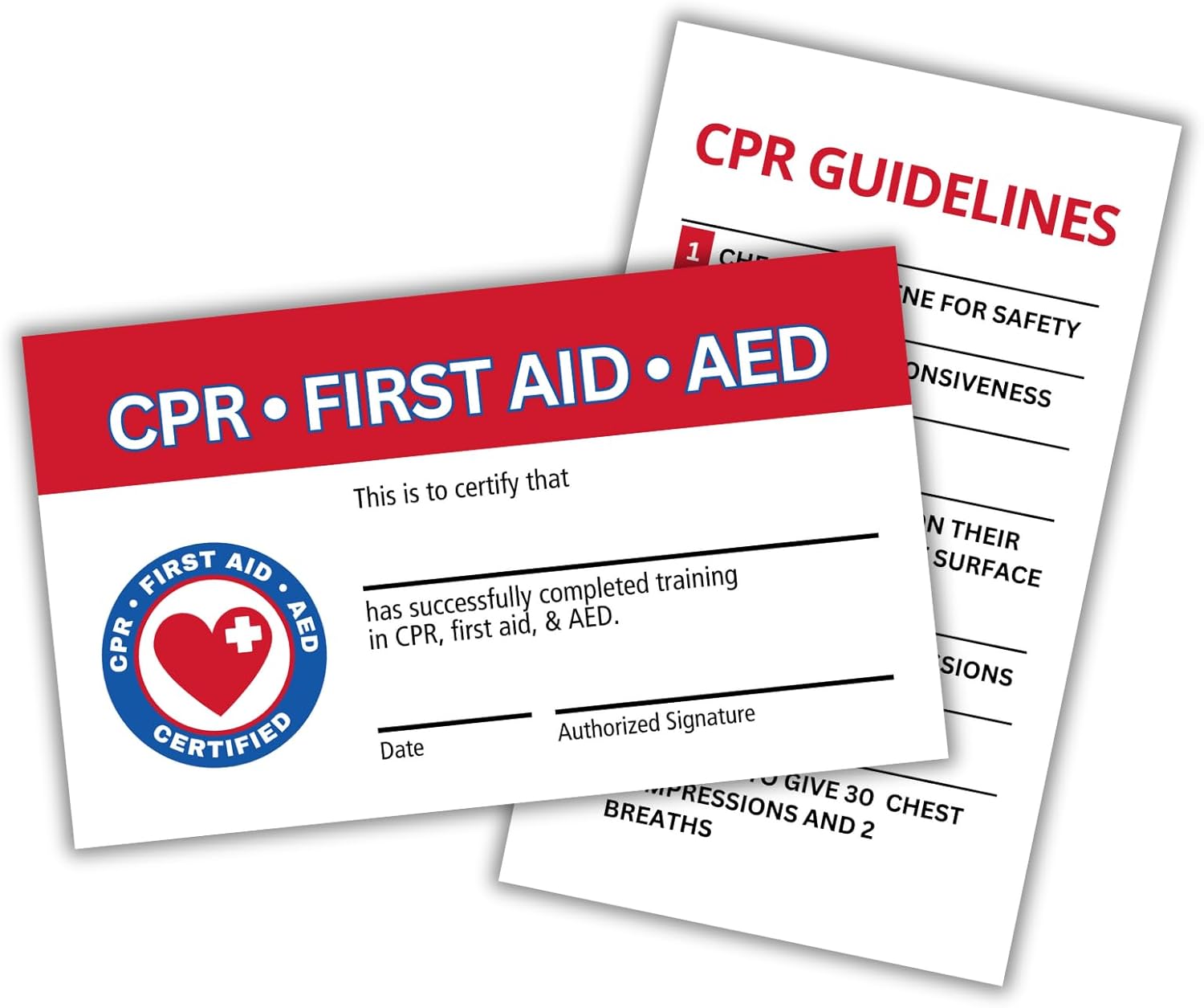 Lashicorn CPR and First Aid AED Certification Cards | 30 pk 2x3.5” Wallet Sized Business Paper Quick Reference Guide Fill Out Name Training Certificate