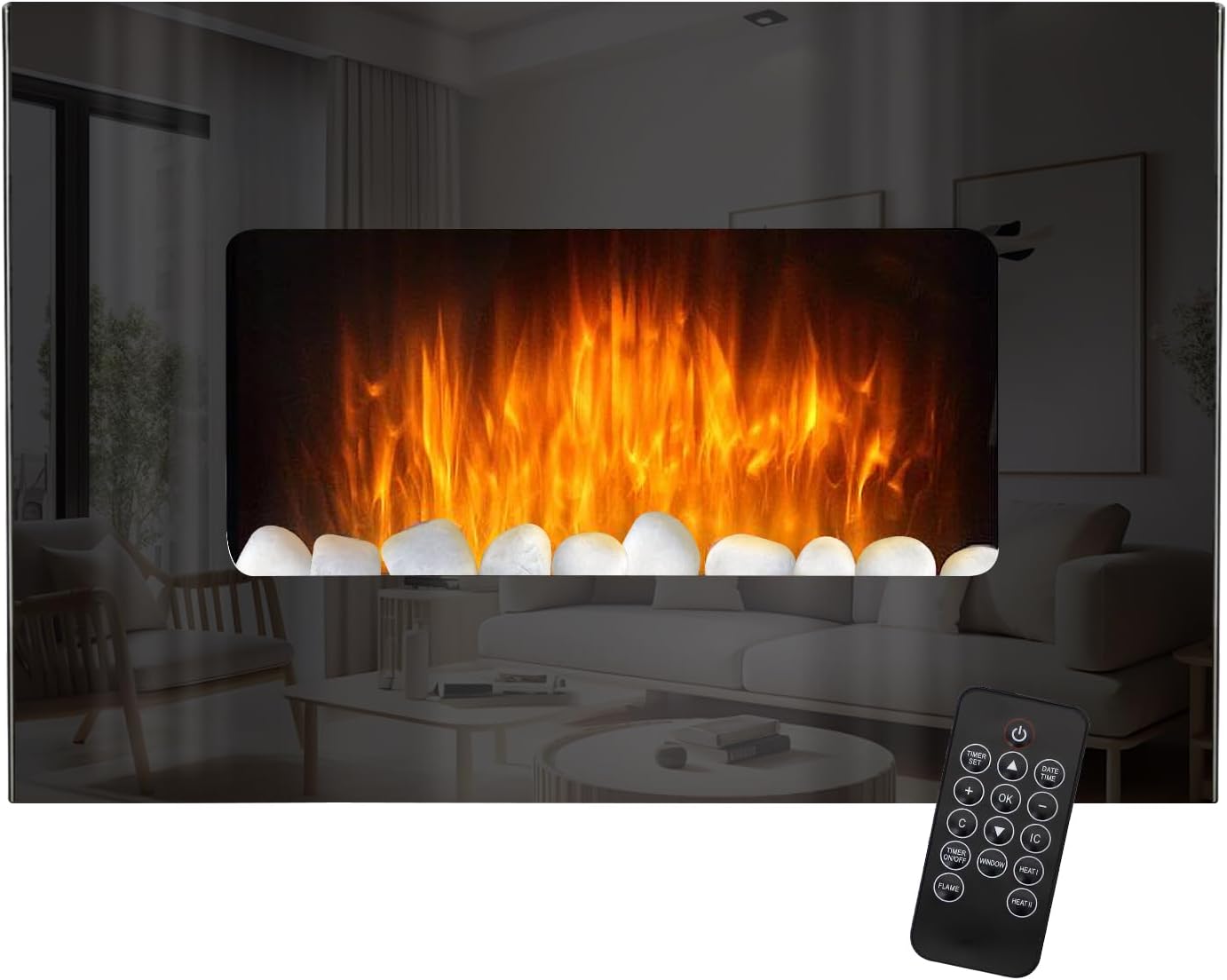 Electric Fireplace, Wall Mounted, Flicker Flame Effect, 750W - 1500W Heater, Remote Control, Black, Glass Surround, 91cm/35"