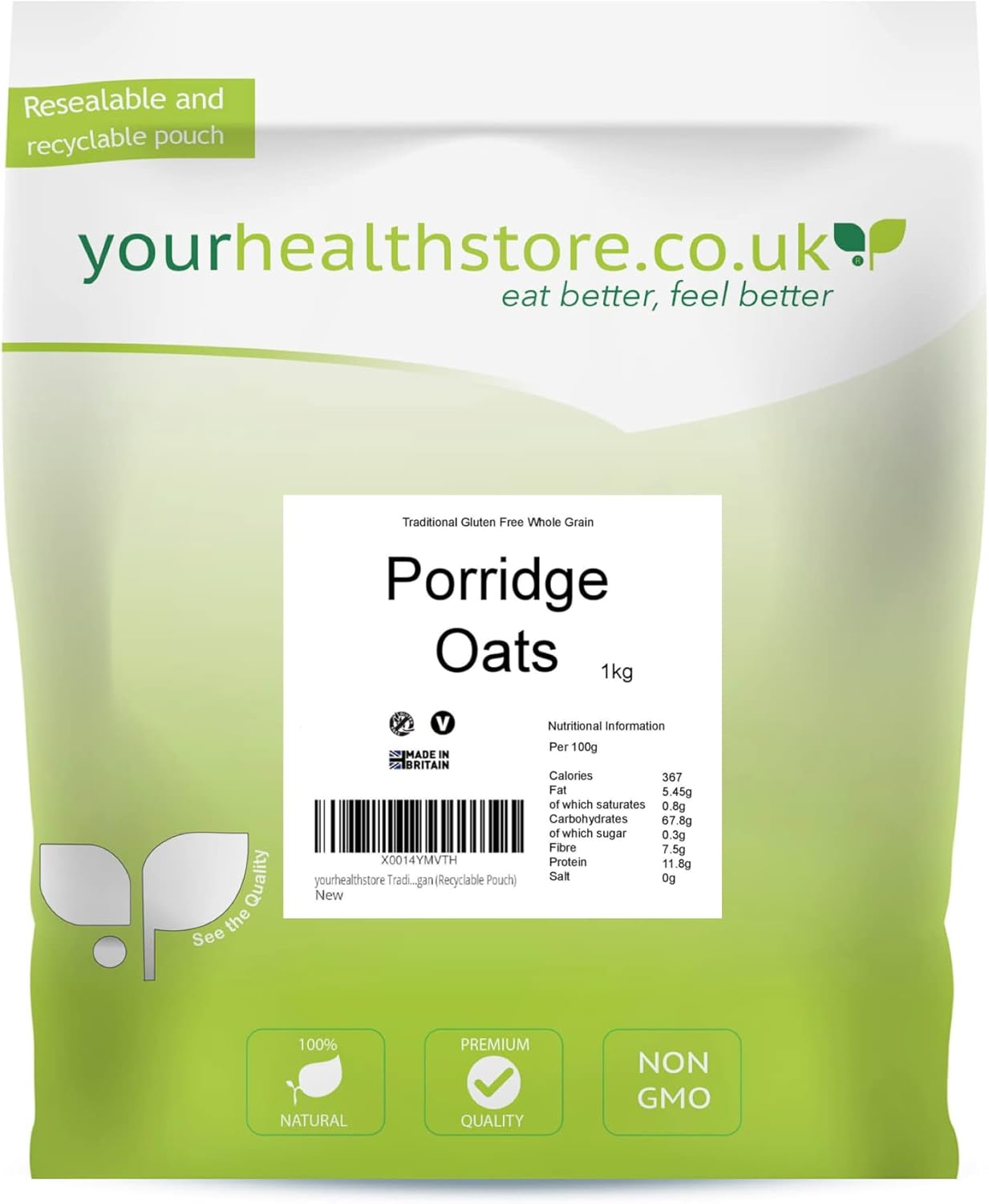 yourhealthstore® Traditional Gluten Free Pure Whole Grain Porridge Oats 1kg, Non GMO, Vegan (Recyclable Pouch)