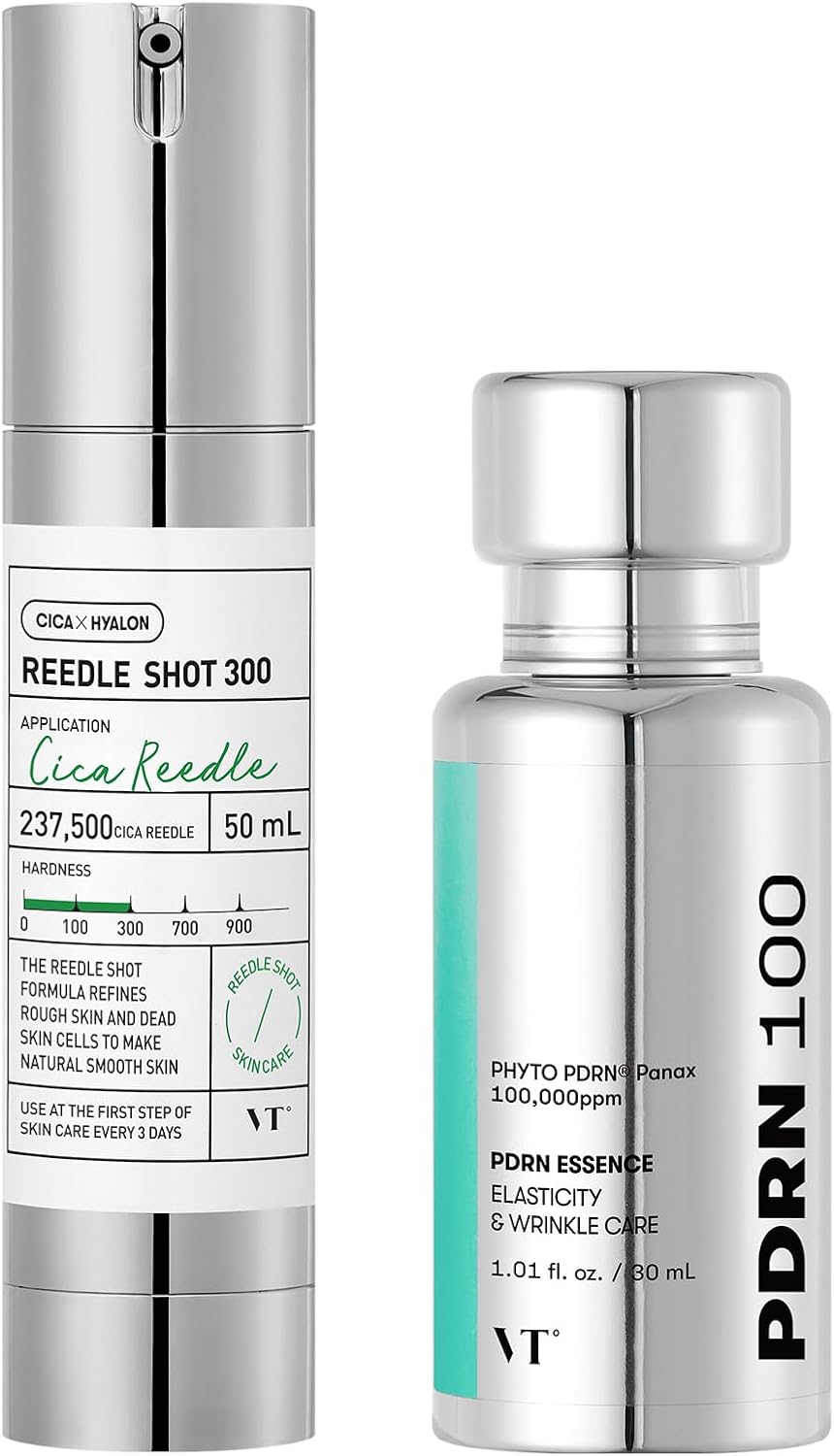 VT COSMETICS CICA Reedle Shot 300 Essence 1.69Fl Oz (50ml) & Korean Gingseng Vegan PDRN 100 Serum for Natural Glow 1.01 fl. Oz.