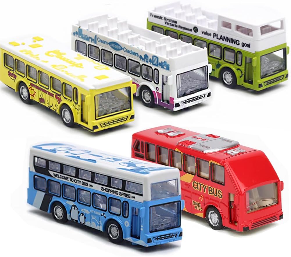 KIDAMI Die Cast Metal Toys Buses Set, 1:64 Scale Double Decker City Bus Vehicles, Openable Doors, Pull Back Cars Play Toys for Toddle Boy Girls 2-8 Years Old Birthday Gift