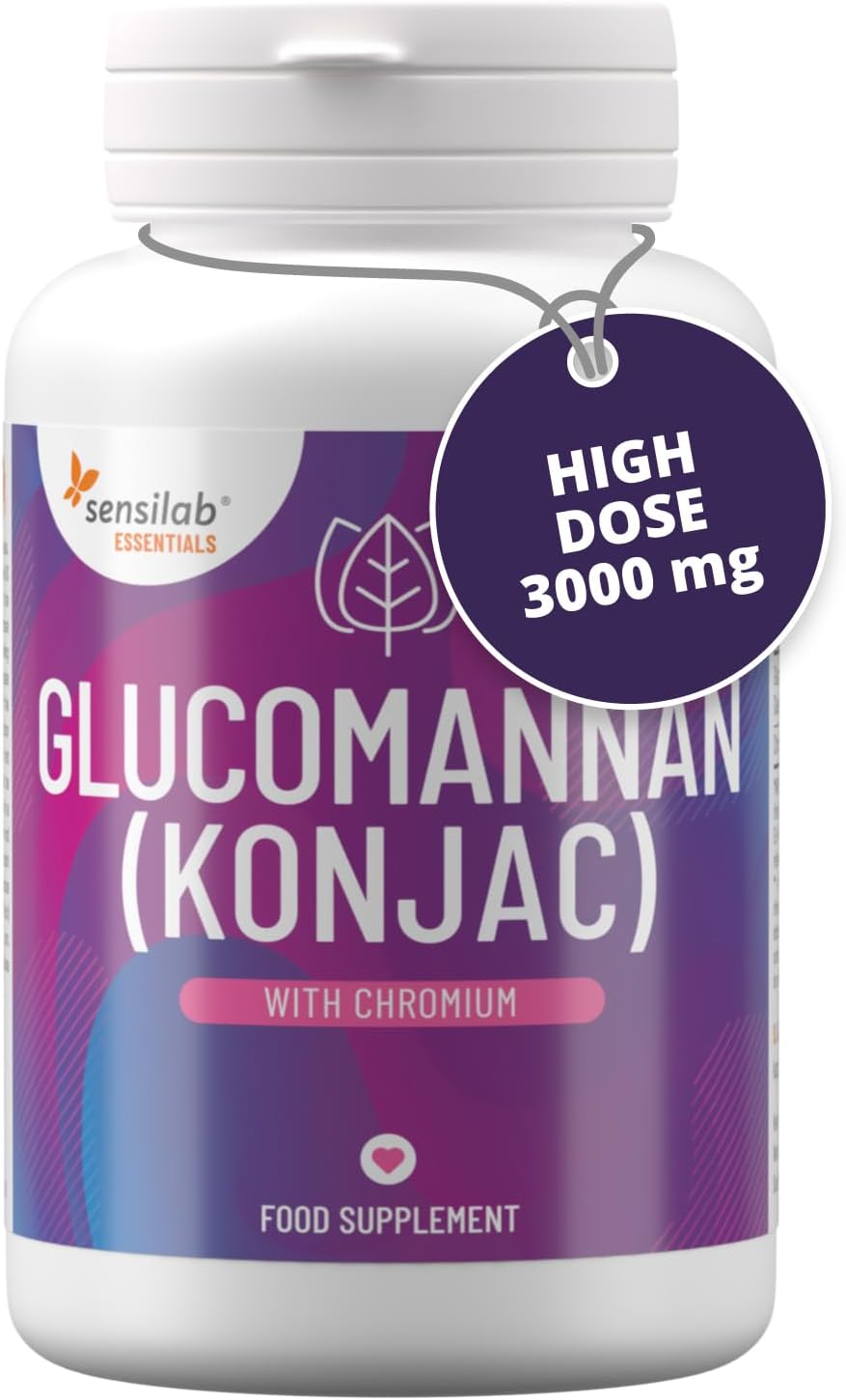 Glucomannan (Konjac) 3000 mg High Dose Capsules with Chromium, Vegan, Additives Free, Allergen Free, Non-GMO, 180 Capsules by Sensilab Essentials
