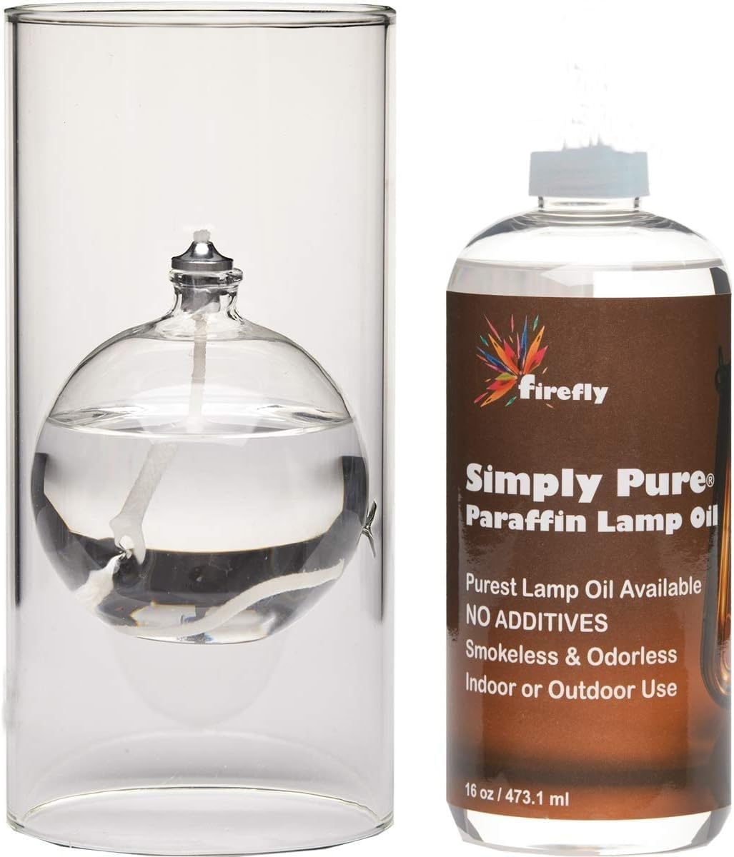 Firefly Modern Transcend Clear Glass Oil Lamp -Refillable Lamps with Clean-Burning Lamp Oil, Elegant Design for Indoor & Outdoor Use