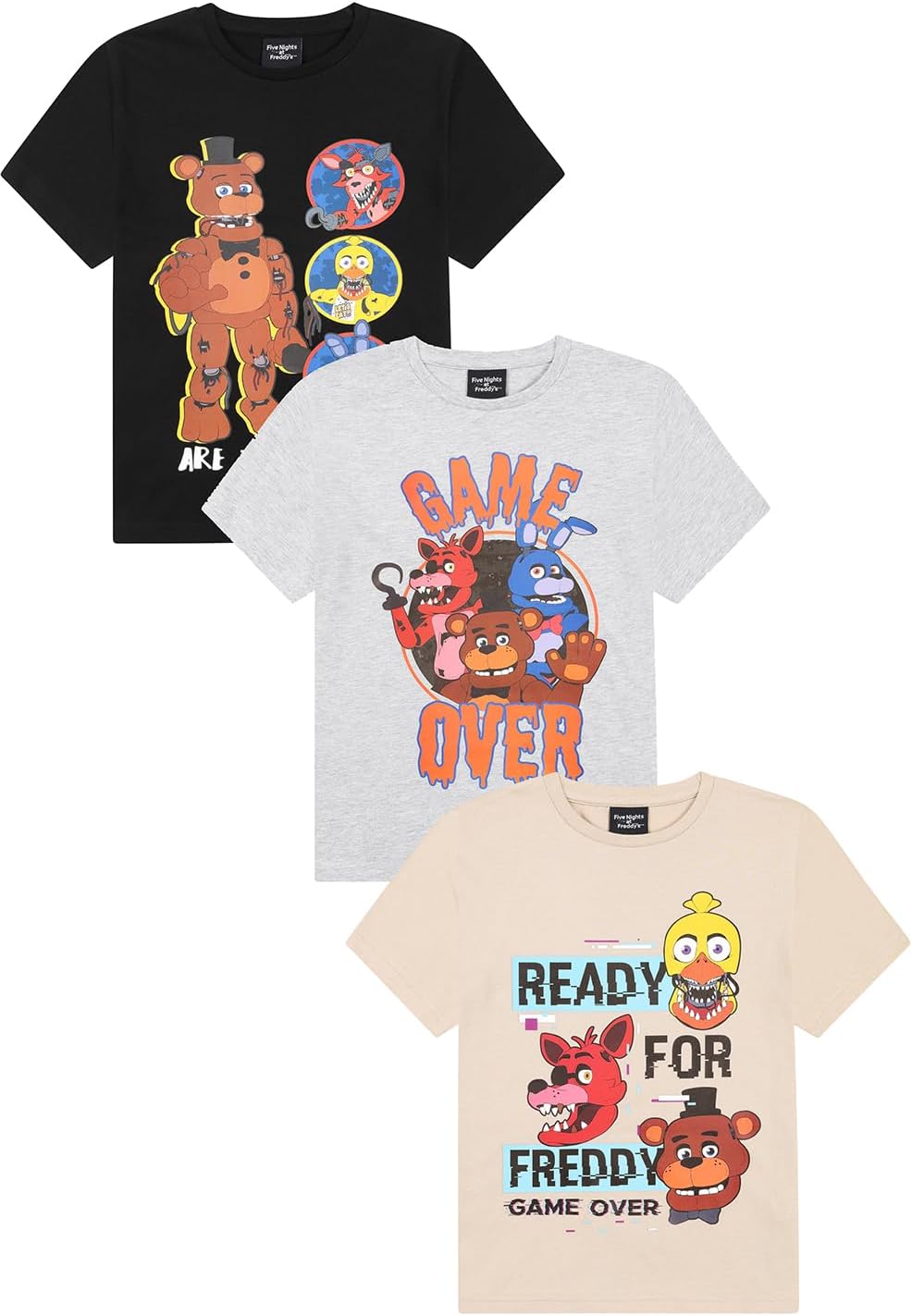 FIVE NIGHTS AT FREDDY'S Boys 3 Pack Kids T-Shirts Childrens Multipack Tshirt for Kids