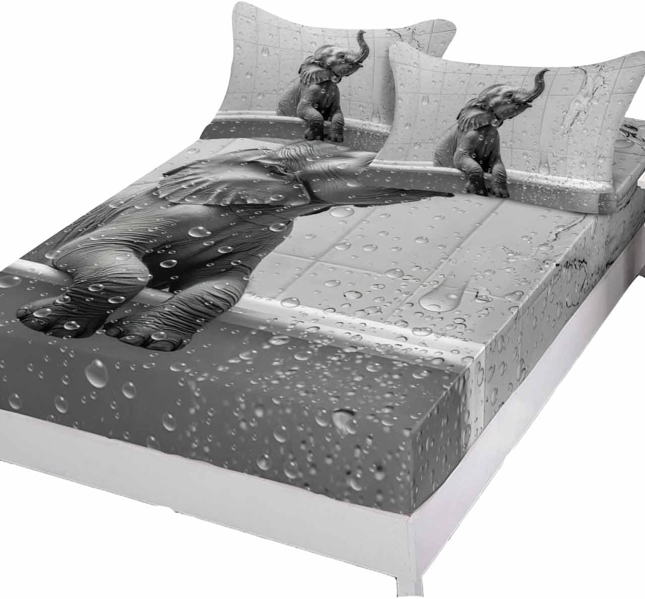 Fitted Sheets Elastic Deep Pocket Bed Sheet Cal King, Abstract Grey Elephant on Bathtub Soft Bed Sheets Set,Modern Minimalist Art Mattress Cover Up Hotel Luxury Fitted Sheet Pillowcase for Bedroom