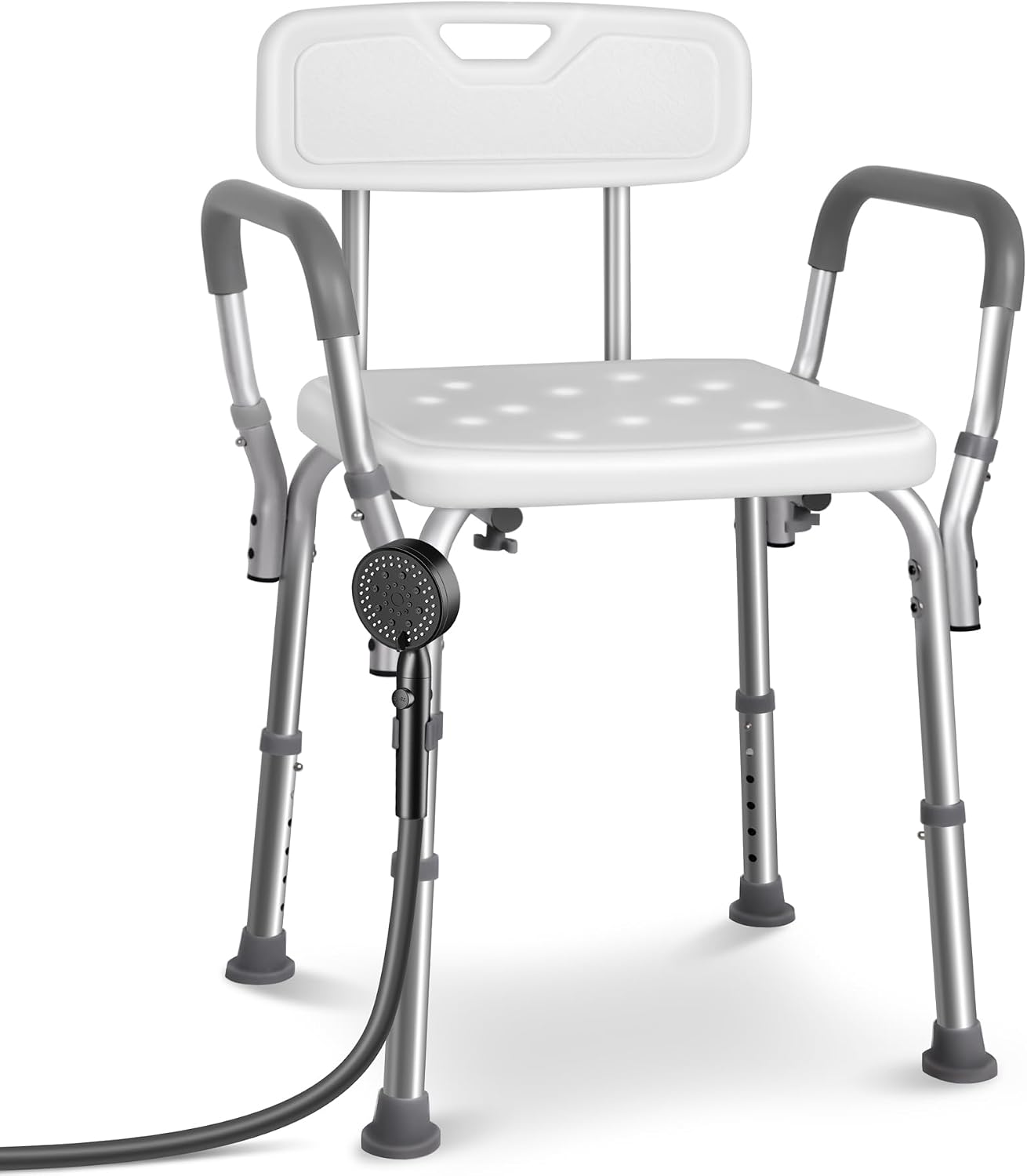 VOUNOT® Adjustable Shower Stool with Backrest and Armrests, Ergonomic Bath Seat with Non-Slip Feet Lightweight Aluminium Shower Chair for Elderly, Disabled, Max Load 136 kg, White